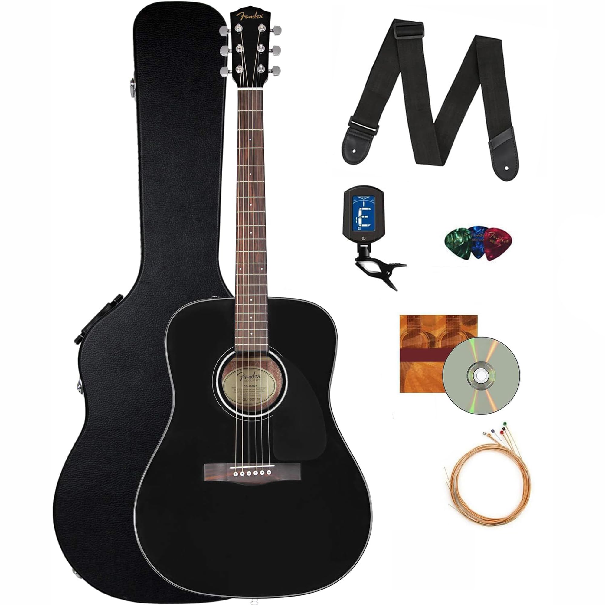 Fender CD-60 Dreadnought Acoustic Guitar Bundle - Black with Hard Case, Strap, Tuner, Strings, Picks & Instructional Materials | Perfect for Beginners, Live Performances & Home Practice