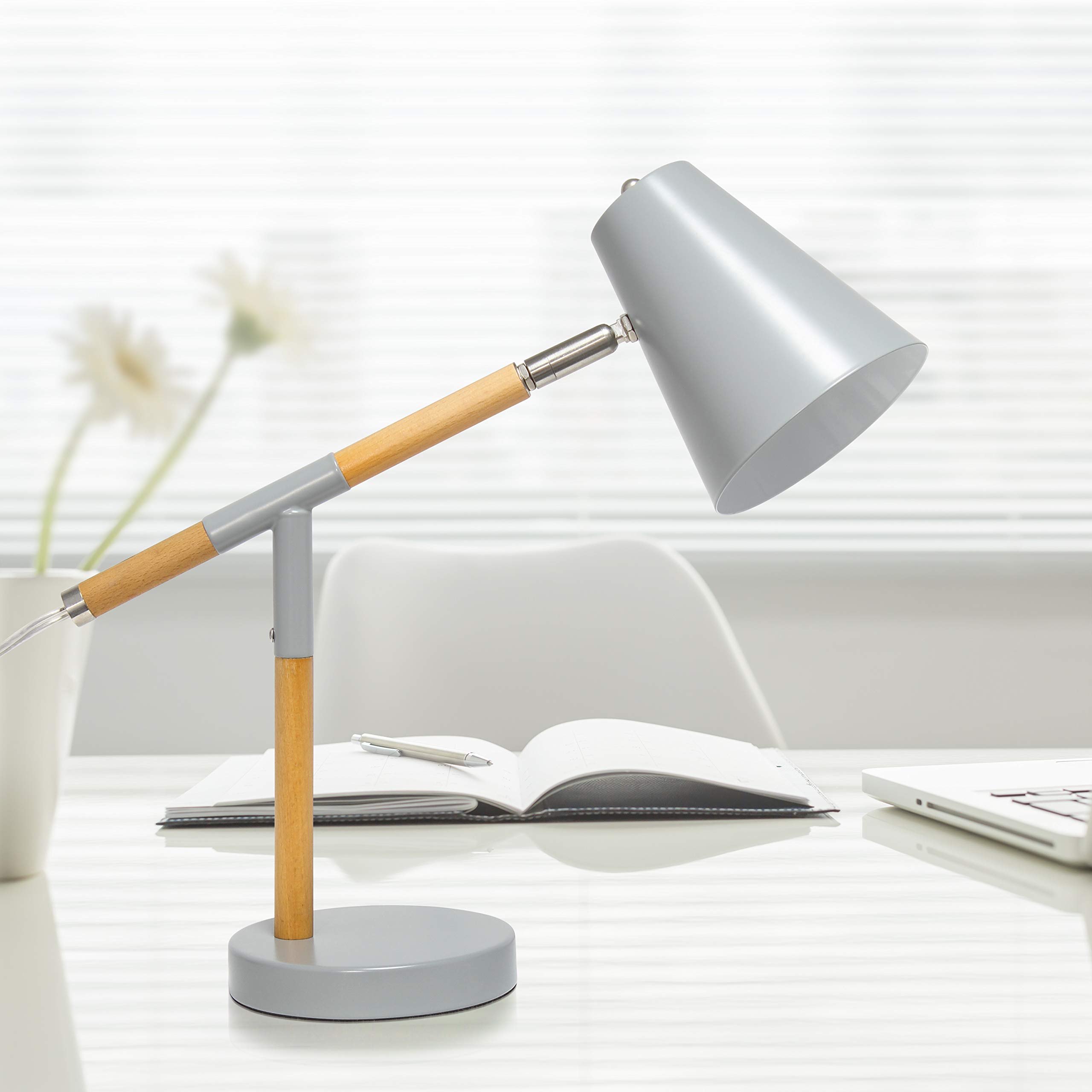 Simple Designs LD1059-GRY Gray Matte & Wooden Pivot Desk Lamp - Adjustable LED Task Light for Home Office, Study, Reading & Nightstand Use