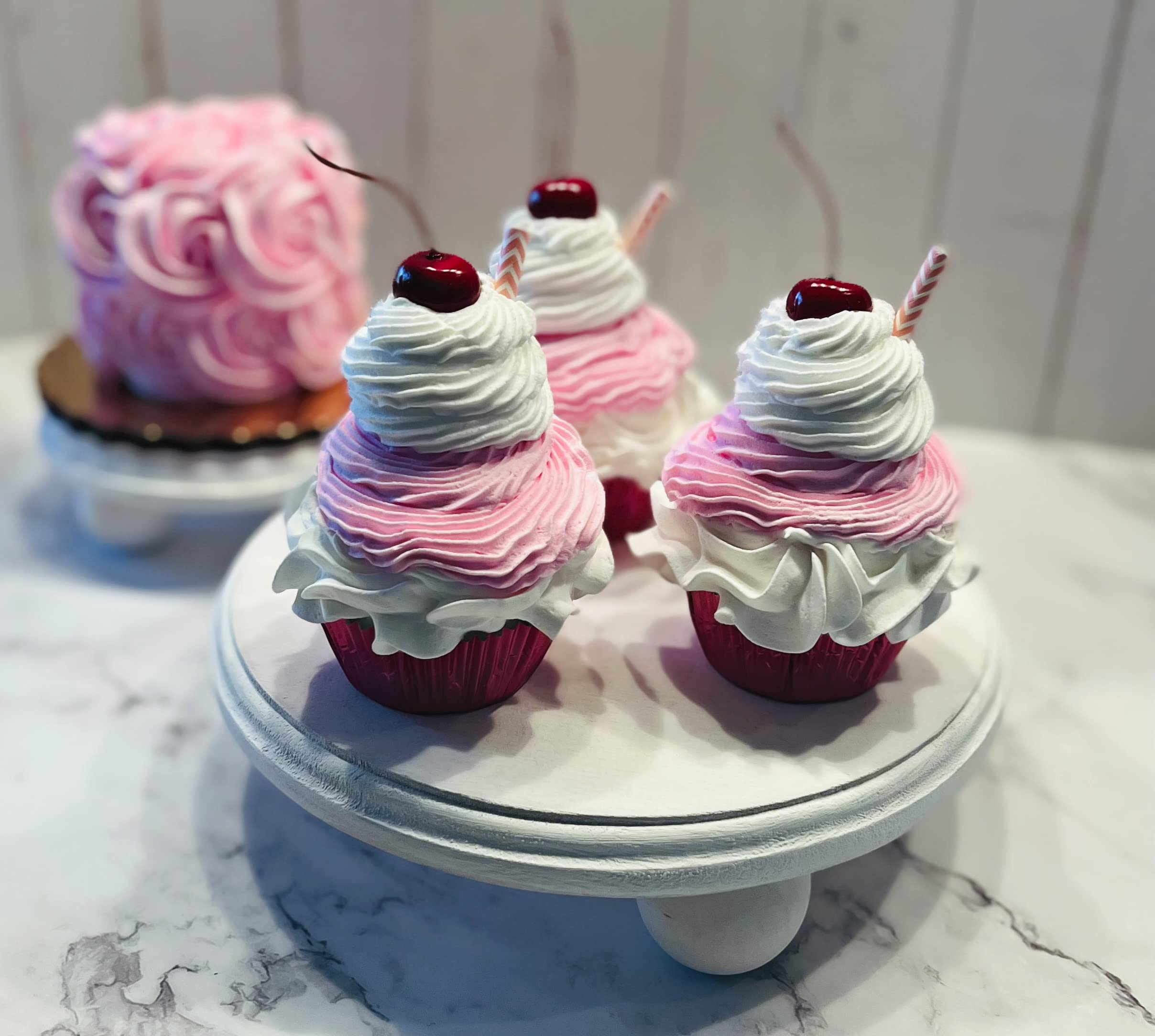 Artificial Fake Cupcakes & Cakes for Display - Faux Cake Decorations for Home, Kitchen & Party Decor - Strawberry Milkshake Pink Cupcake Fake Desserts - Perfect for Wedding, Birthday, Bakery & Dessert Table Displays