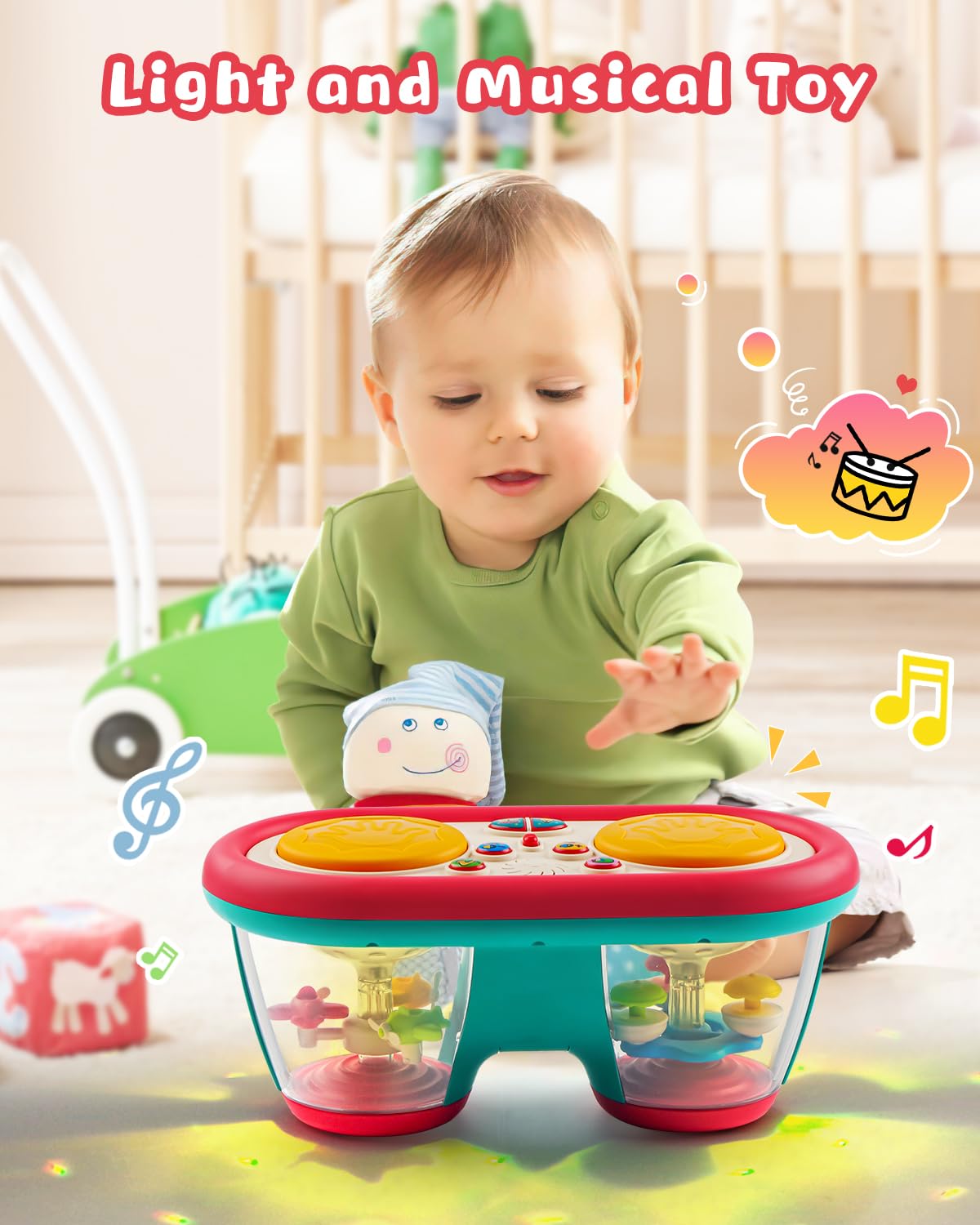 Interactive Baby Drum Toy with Rotating Lights - Musical Learning Toy for Infants 6-12 Months | Tummy Time & Early Walker Activity Toy for Boys & Girls (Blue) - Perfect for Sensory Development & First Birthday Gifts