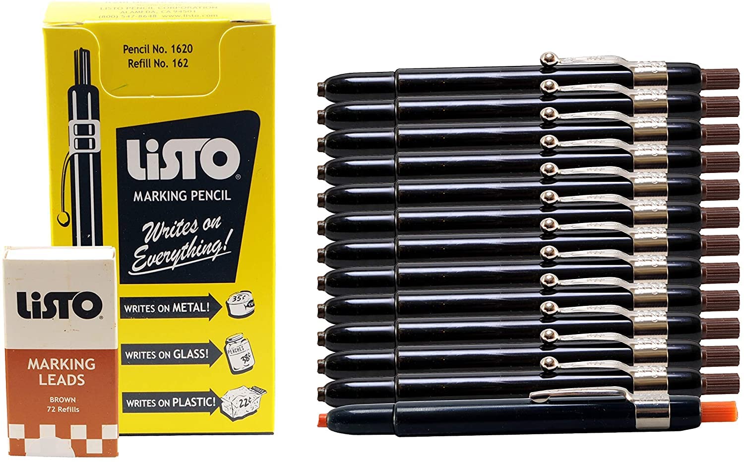Listo 1620 & 162 China Marking Pencils Kit - 12 Brown Grease Pencils with 72 Wax Refill Leads + 1 Orange Pencil - Ideal for Construction, Woodworking, Metal Marking & DIY Projects