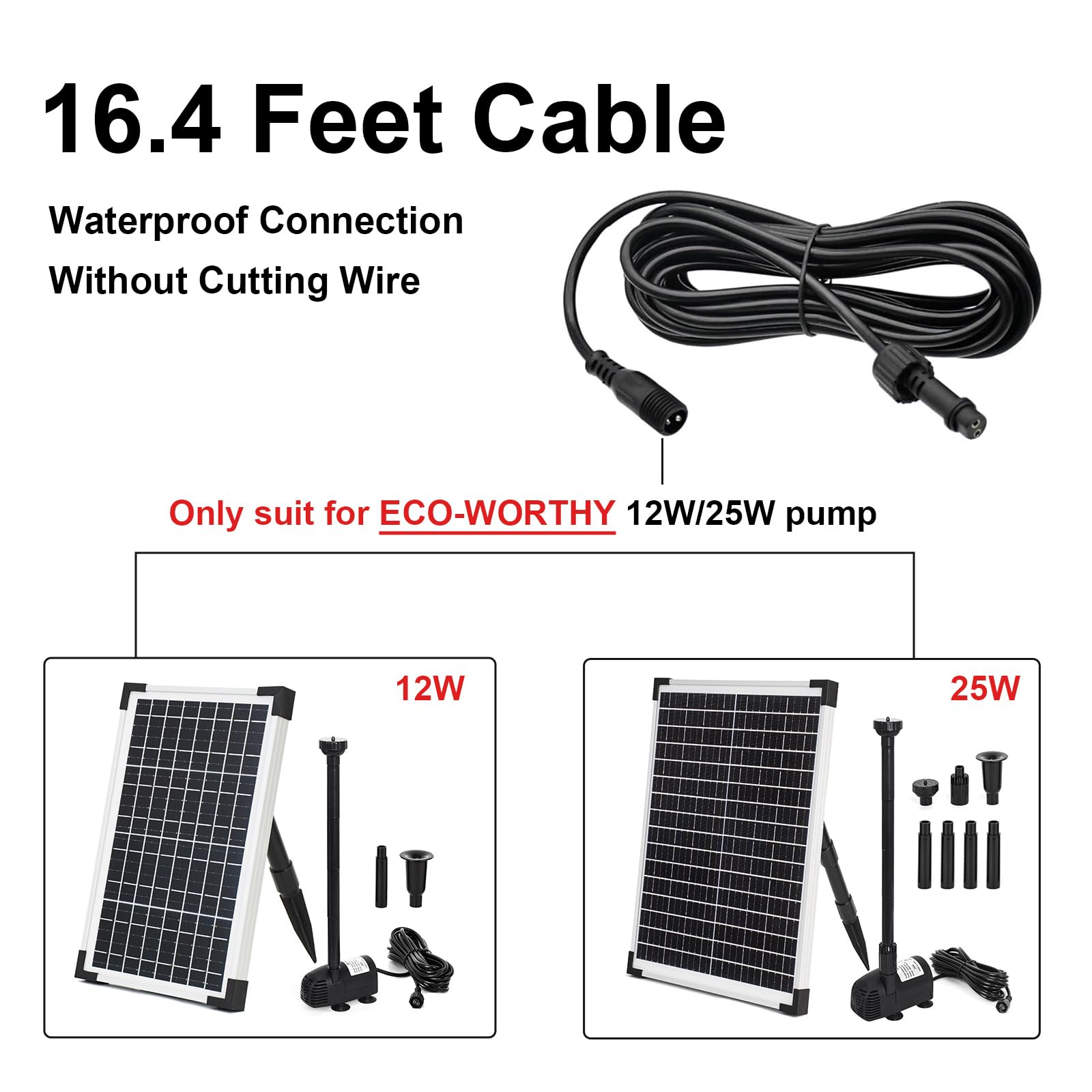 ECO-WORTHY 16.4FT Solar Fountain Water Pump Extension Cord - Compatible with 5W/10W/20W Solar Pumps - Durable Outdoor Cable for Garden, Pond & Water Feature Lighting