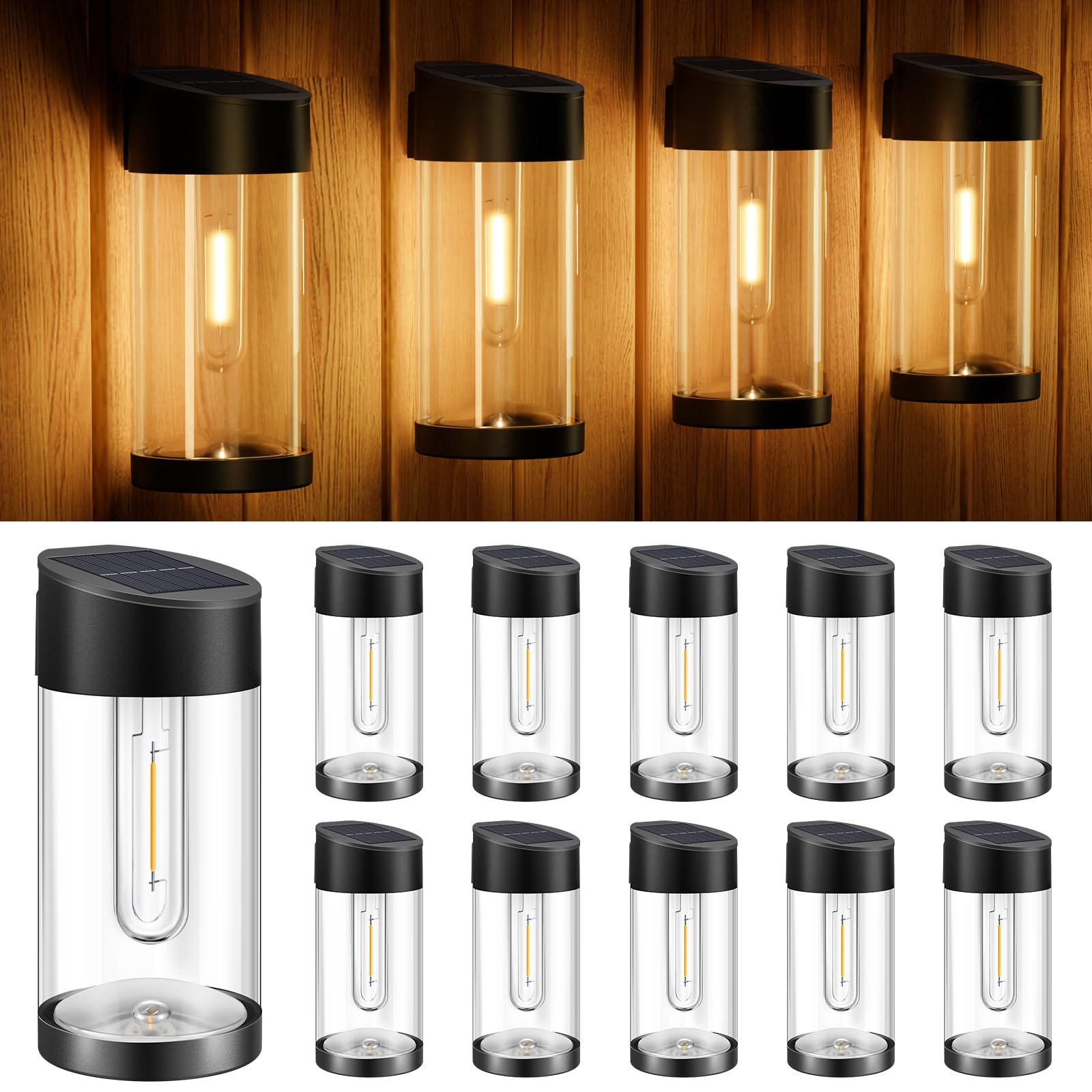 10 Pack Solar Fence Lights Outdoor Waterproof LED - Solar Powered Deck Lights with Edison Bulbs - Solar Wall Decorative Lights for Fence Post, Patio, Garden, Backyard Decor (Warm White) - Perfect for Pathway Lighting, Landscape Accents & Evening Ambiance