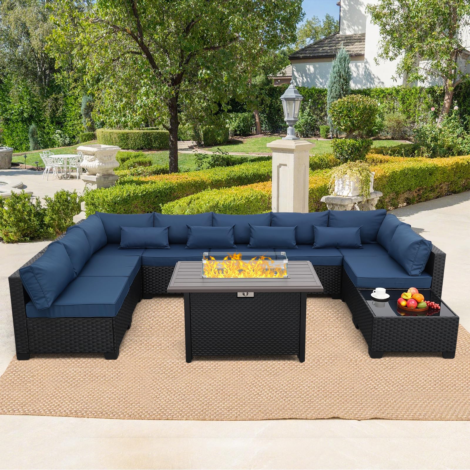 Rattaner 10-Piece All-Weather Wicker Patio Furniture Set with Steel Fire Pit Table, Glass Coffee Table & Non-Slip Cushions - Navy Blue Outdoor Sectional Sofa for Backyard, Poolside & Garden Relaxation