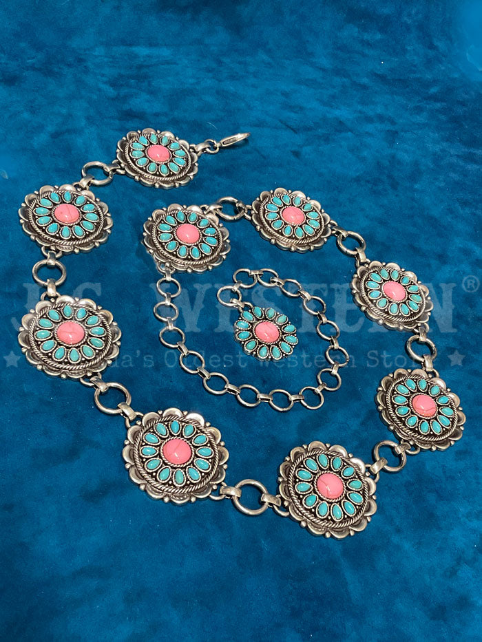 Nocona N320005933 Women's Floral Conchos Chain Belt - Turquoise & Pink Western Style Accessory for Country Concerts, Rodeos & Boho Fashion