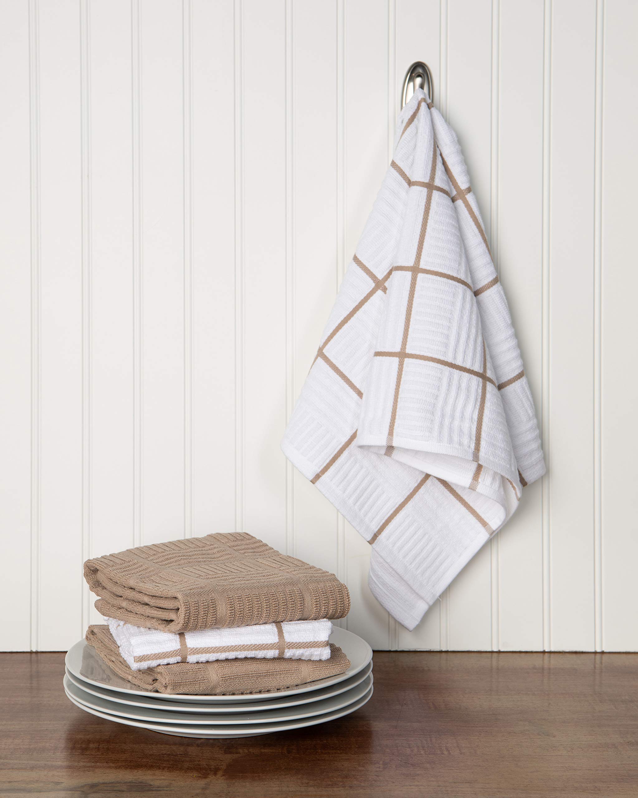 Premium 100% Cotton Kitchen Dish Towels Set of 4 - Absorbent & Reusable Tan & White Hand Towels, Tea Towels & Cleaning Cloths (28