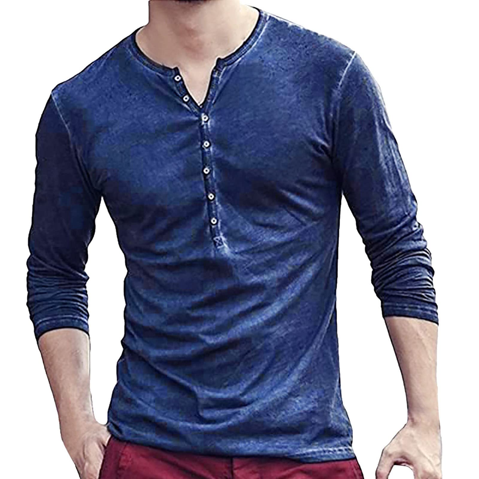 Men's Slim Fit Long Sleeve Button Down Shirt - V Neck Solid Color Casual Dress Shirt for Office, Business & Everyday Wear