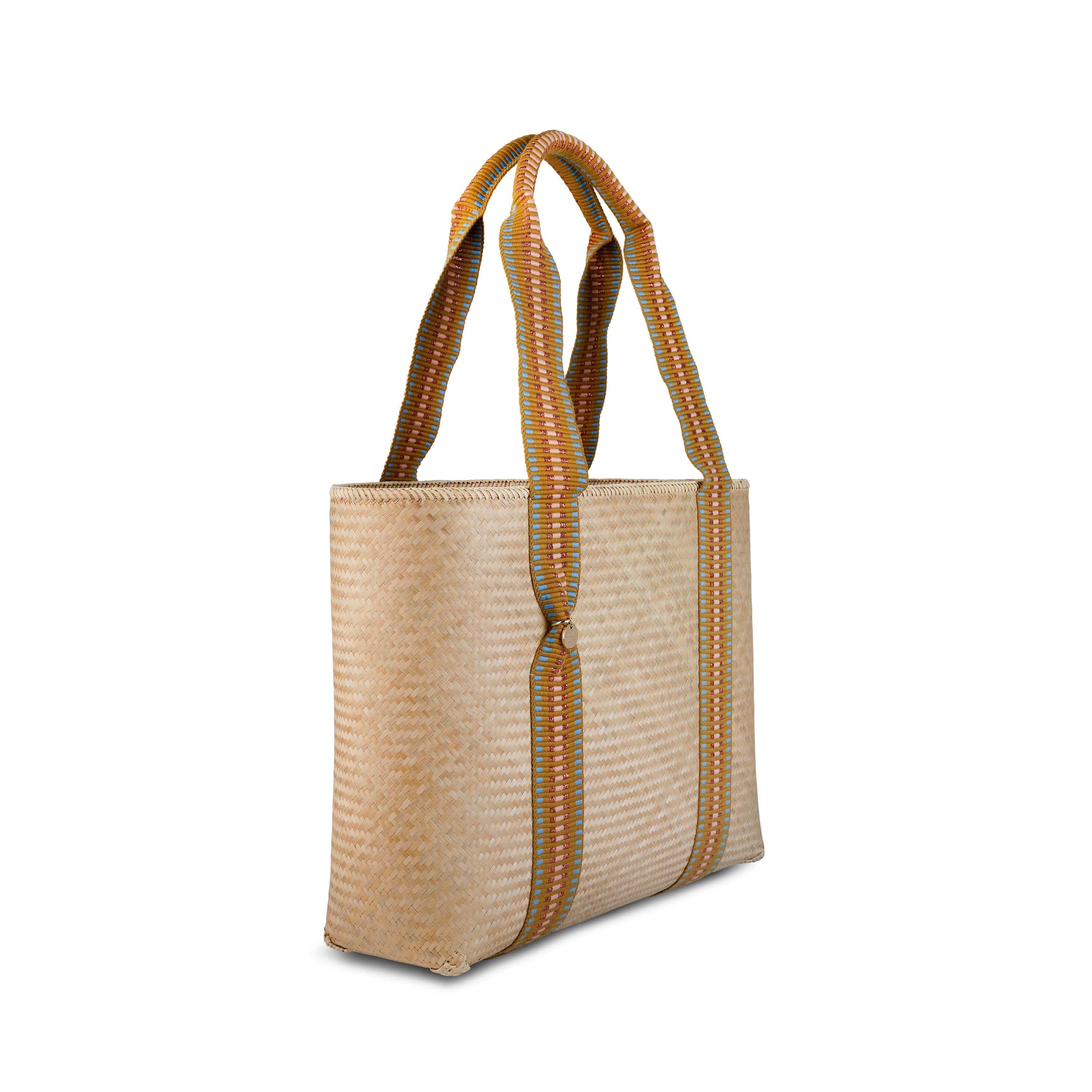 Mentawai Handwoven Bamboo Vegan Medium Tote Bag - Eco-Friendly Women's Shoulder Bag with Copper Stripe Design | Perfect for Beach, Shopping & Everyday Use