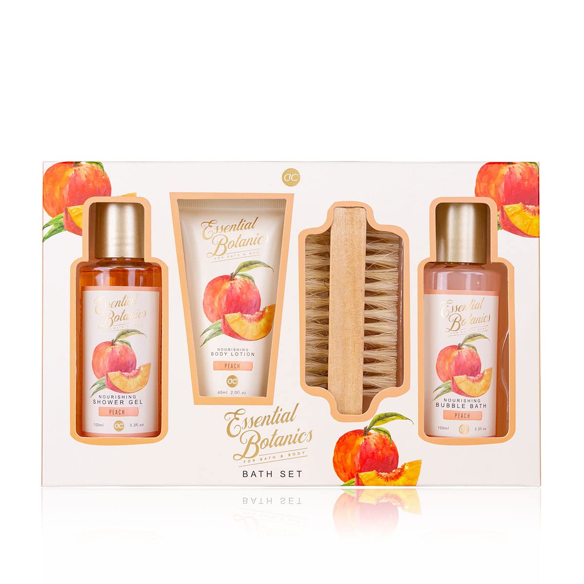 Accentra Essential Botanics Bath & Body Gift Set - Peach Scented Shower Gel, Bubble Bath, Body Lotion & Nail Brush in Elegant Gift Box | Spa Day at Home, Relaxing Self-Care, Birthday & Holiday Present