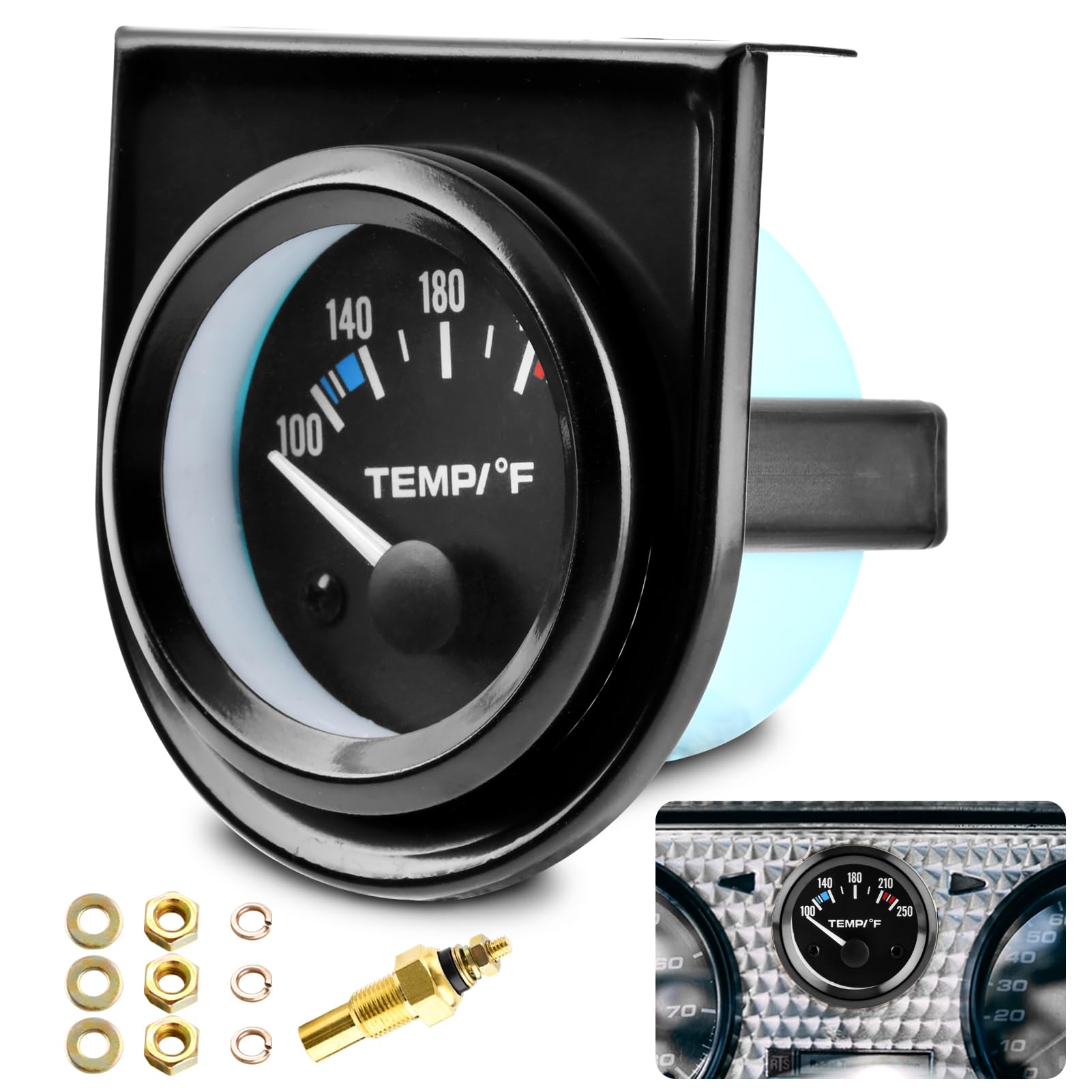 52mm Water Temp Gauge 100-250℉ with LED Backlight for Car, Boat, Truck - Black