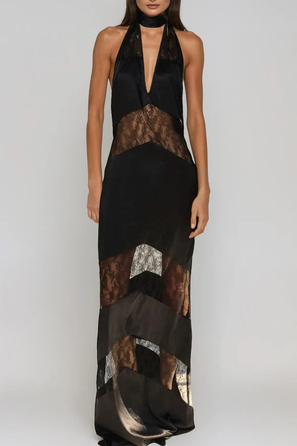 Clora Elegant Satin Halter Lace Maxi Dress for Women - Black | Formal Evening Gown for Weddings, Parties & Special Occasions
