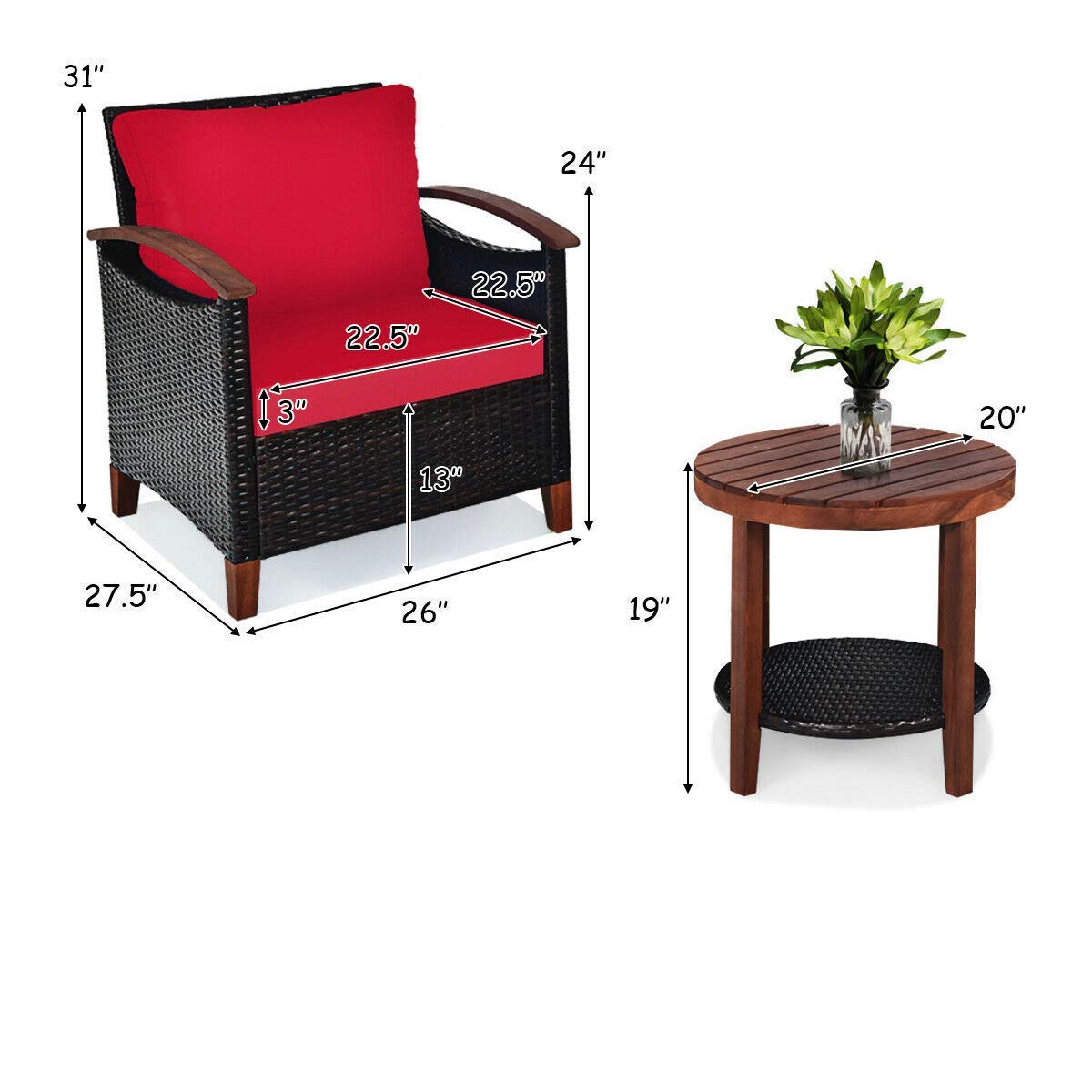 Outdoor Bistro Furniture Set - 2 Single Sofas & Round Coffee Table with Thick Cushions, Acacia Wood Frame - Perfect for Patio, Backyard, Garden, Balcony, Terrace & Poolside Relaxation