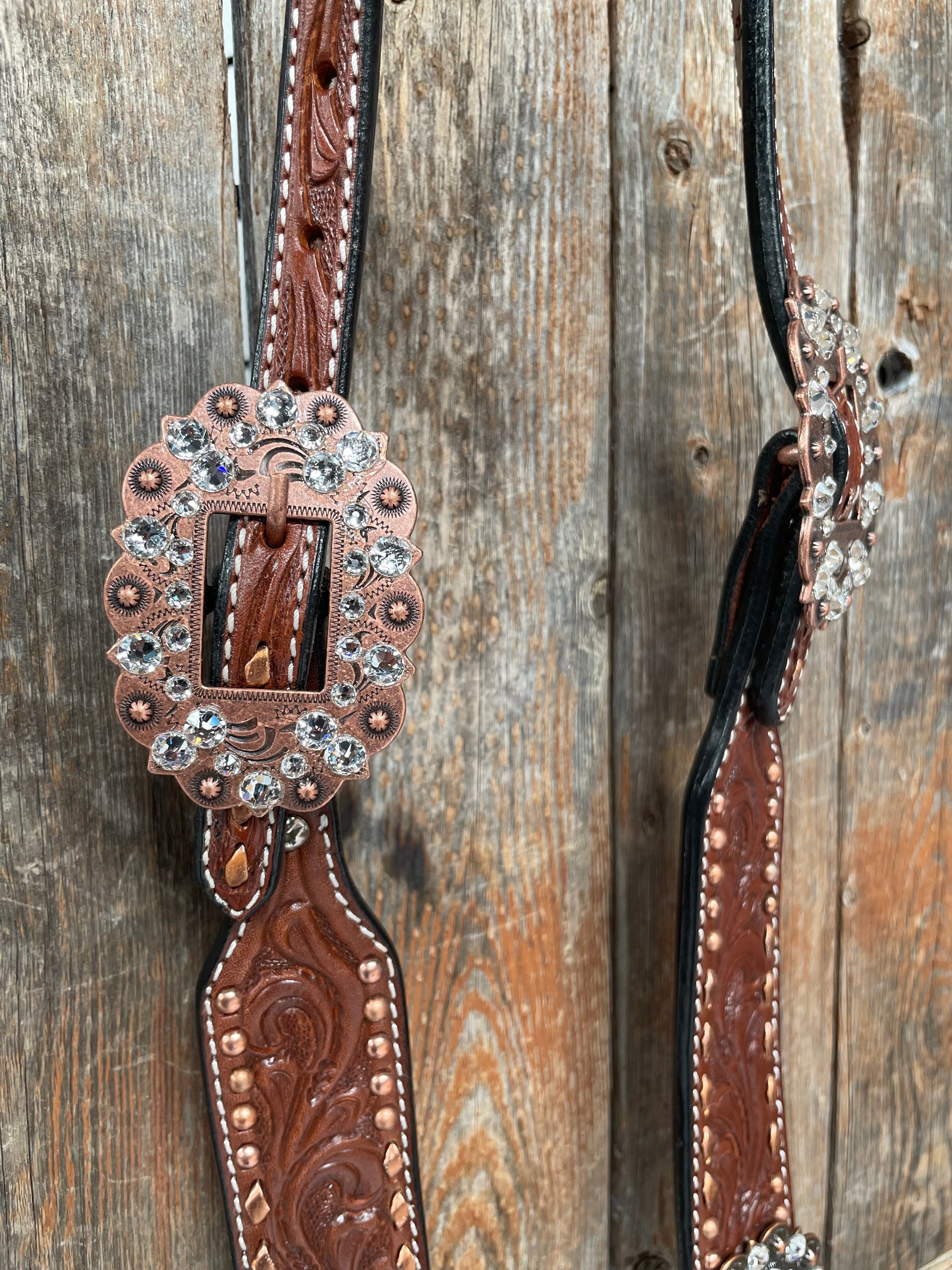Premium Medium Oil Copper Buckstitch Clear One Ear & Breastcollar Tack Set #OEBC450 – Perfect for Western Riding, Horse Shows & Trail Riding