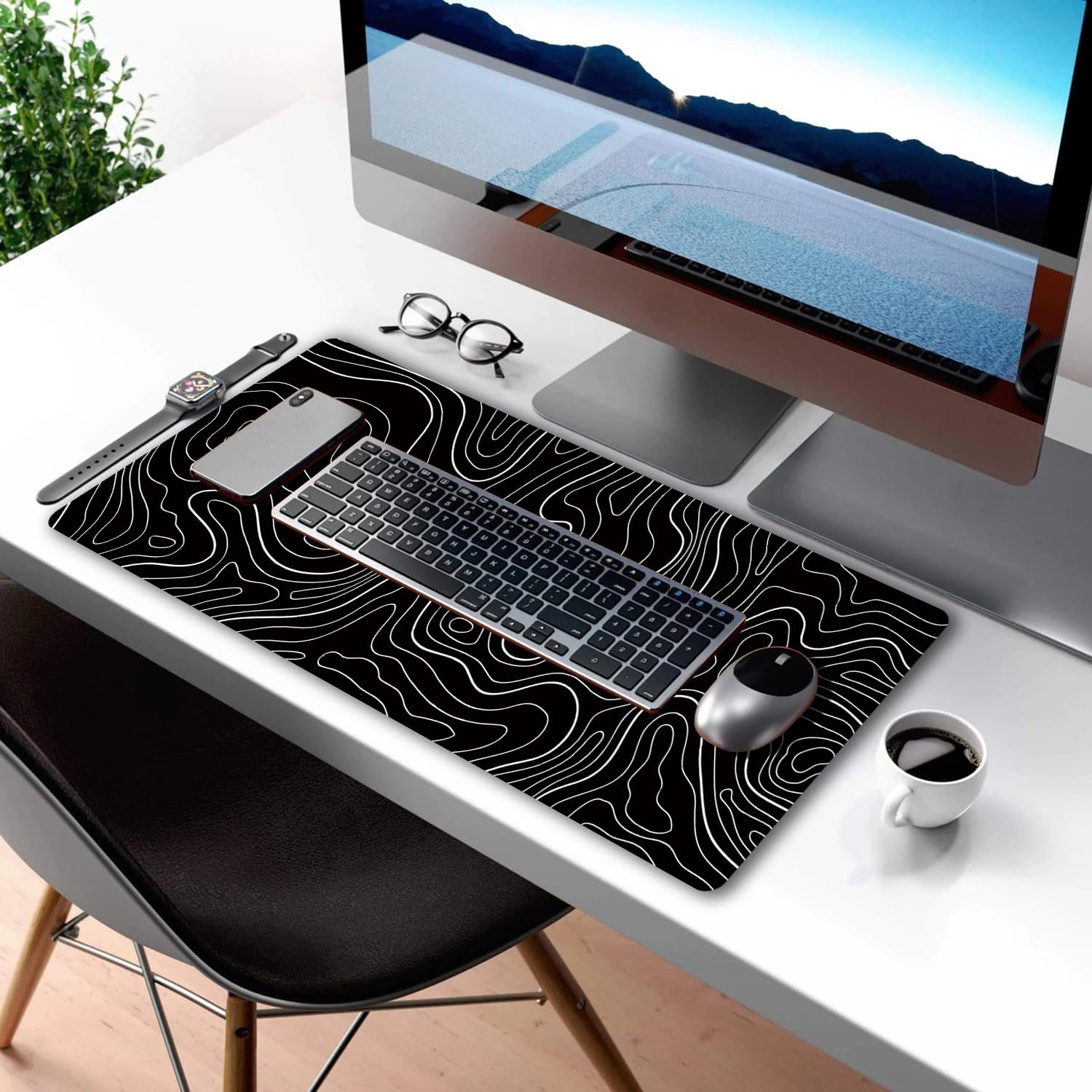 Large Gaming TOPO Keyboard Mouse Pad - Black & White Topographic Design with Anti-Slip Rubber Base - Extended XXL Desk Mat (31.5