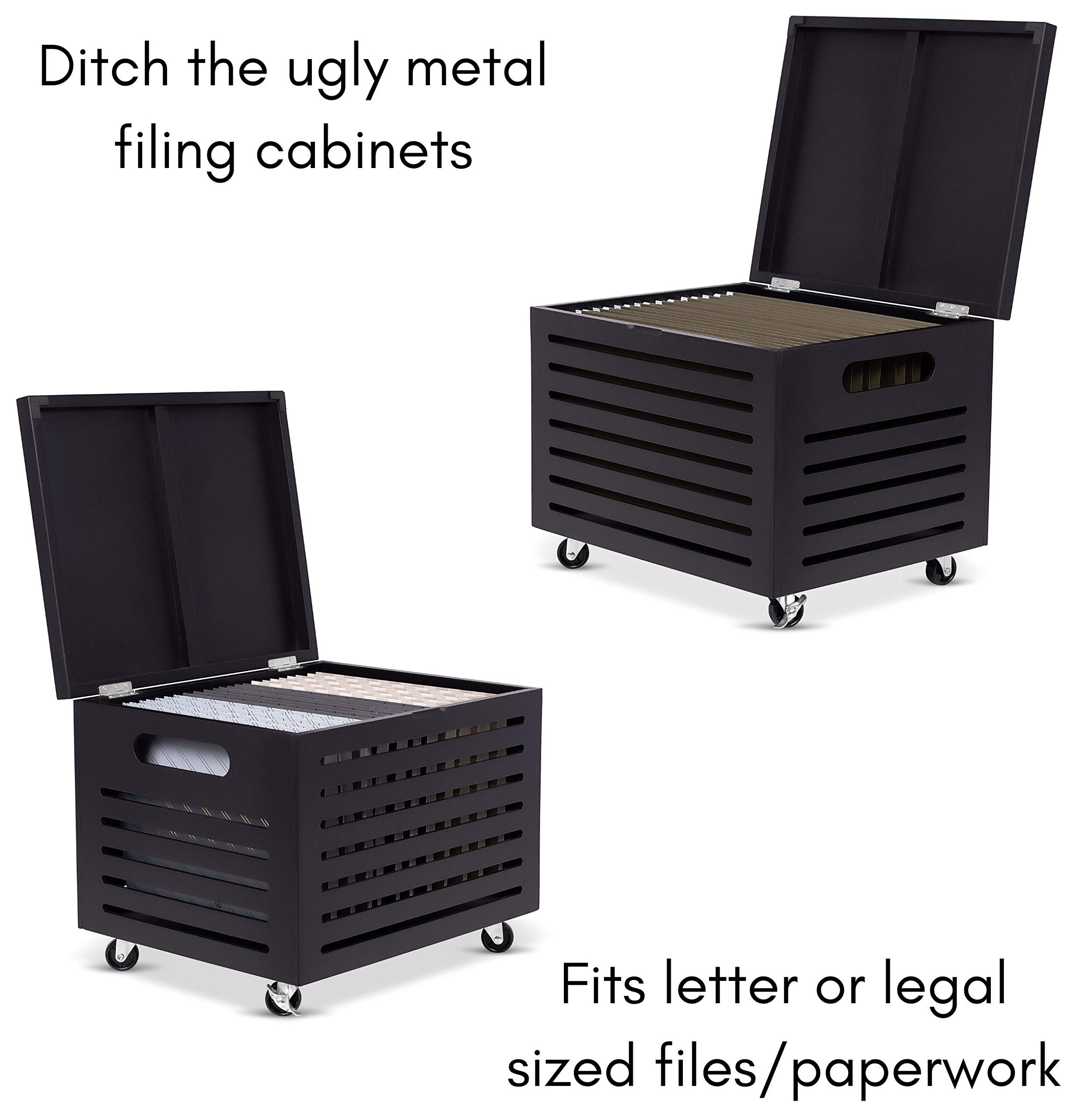 Bamboo Rolling File Storage Organizer Box with Lid - Portable Mobile Filing Cabinet on Wheels for Office, Home, or Café Noir - Decorative File Box Organizer for Documents, Papers, and Office Supplies