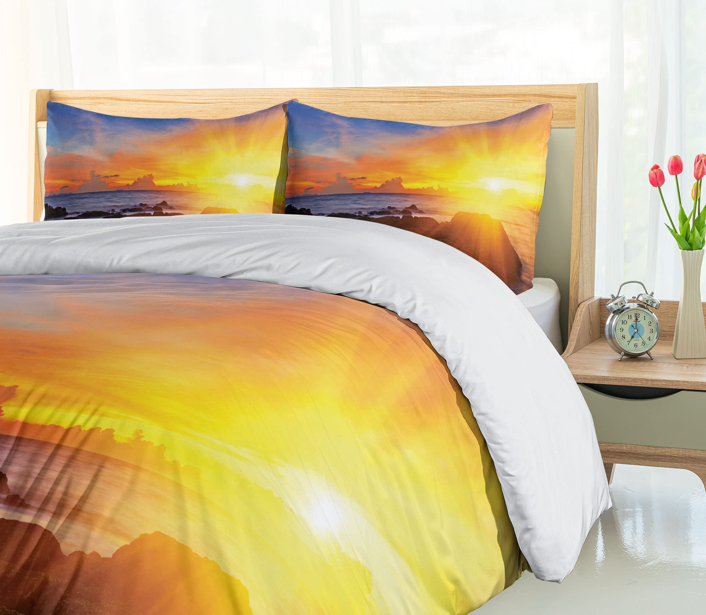 Ambesonne Beach Duvet Cover Set - Vibrant Tropical Sunset Print 3-Piece Bedding (California King, Orange & Blue) with 2 Pillow Shams | Coastal Decor, Summer Bedroom Upgrade, Vacation Home Styling