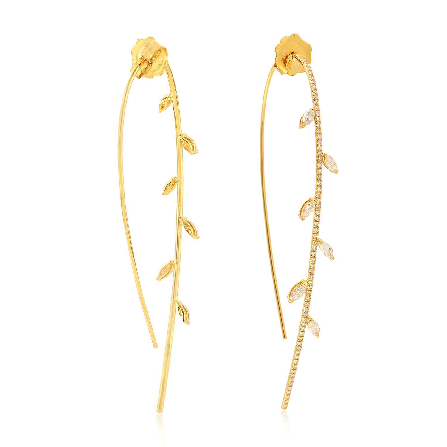 18K Yellow Gold Marquise Cut Diamond Leaf Hoop Dangle Earrings for Women - Elegant Jewelry Gift for Wedding, Party & Special Occasions