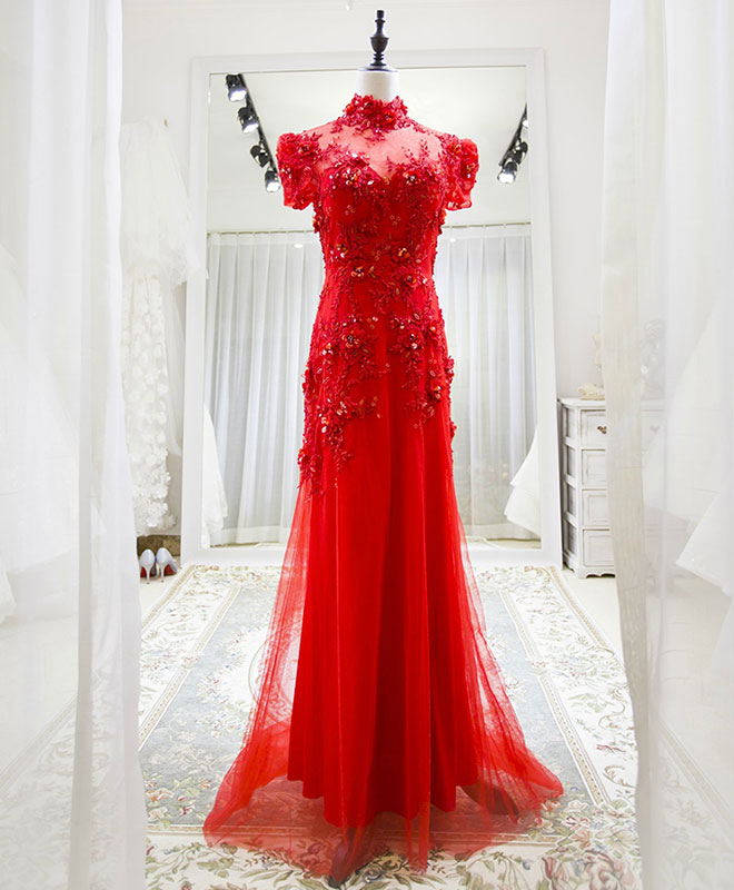Elegant Red Tulle Lace Long Prom Dress for Women - Formal Evening Gown for Homecoming, Wedding, and Special Occasions