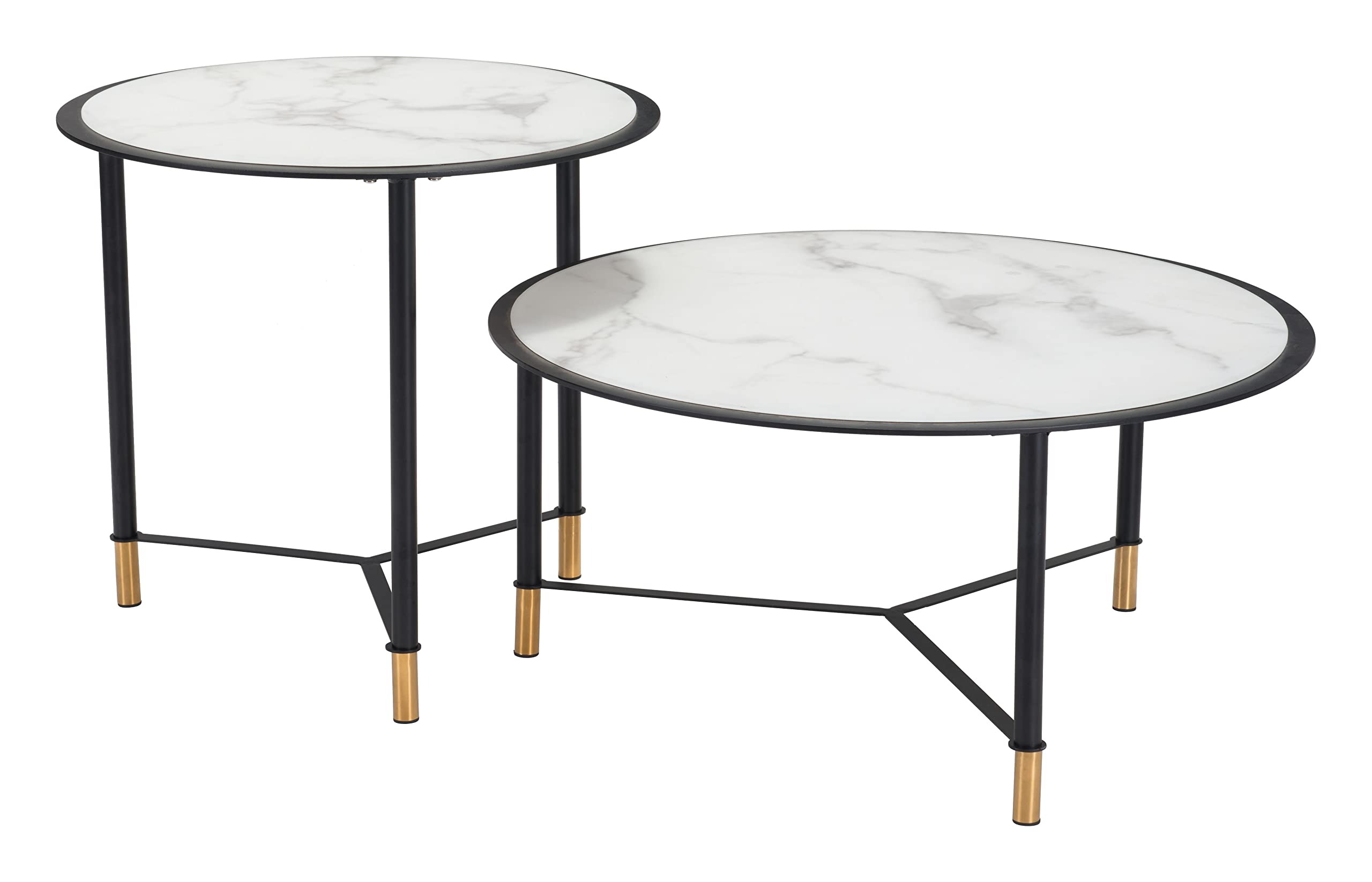 Modern Zuo Davis Coffee Table Set of 2 - Black & White Glass Top End Tables for Living Room, Lounge & Office Decor
