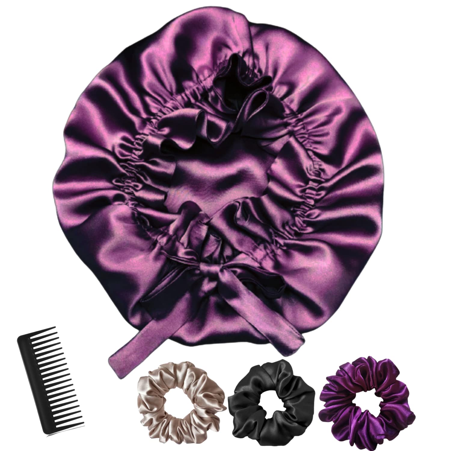Atrube Satin Silk Bonnet for Sleeping with 3 Premium Scrunchies - Adjustable Hair Cap for Curly Hair Protection - Soft Hair Wrap with Ribbon Tie Band for Women & Men - Perfect for Nighttime Hair Care & Travel