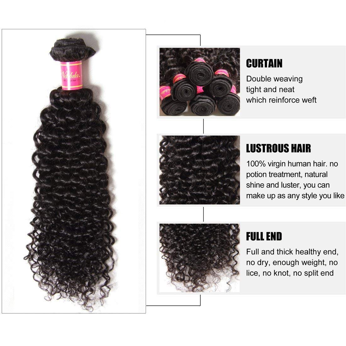 Nadula 10A Brazilian Virgin Human Hair Bundles - 3 Bundles Jerry Curly Wavy Hair Extensions (12/14/16 Inch) Unprocessed Natural Color for Women | Perfect for Daily Styling, Parties & Special Occasions
