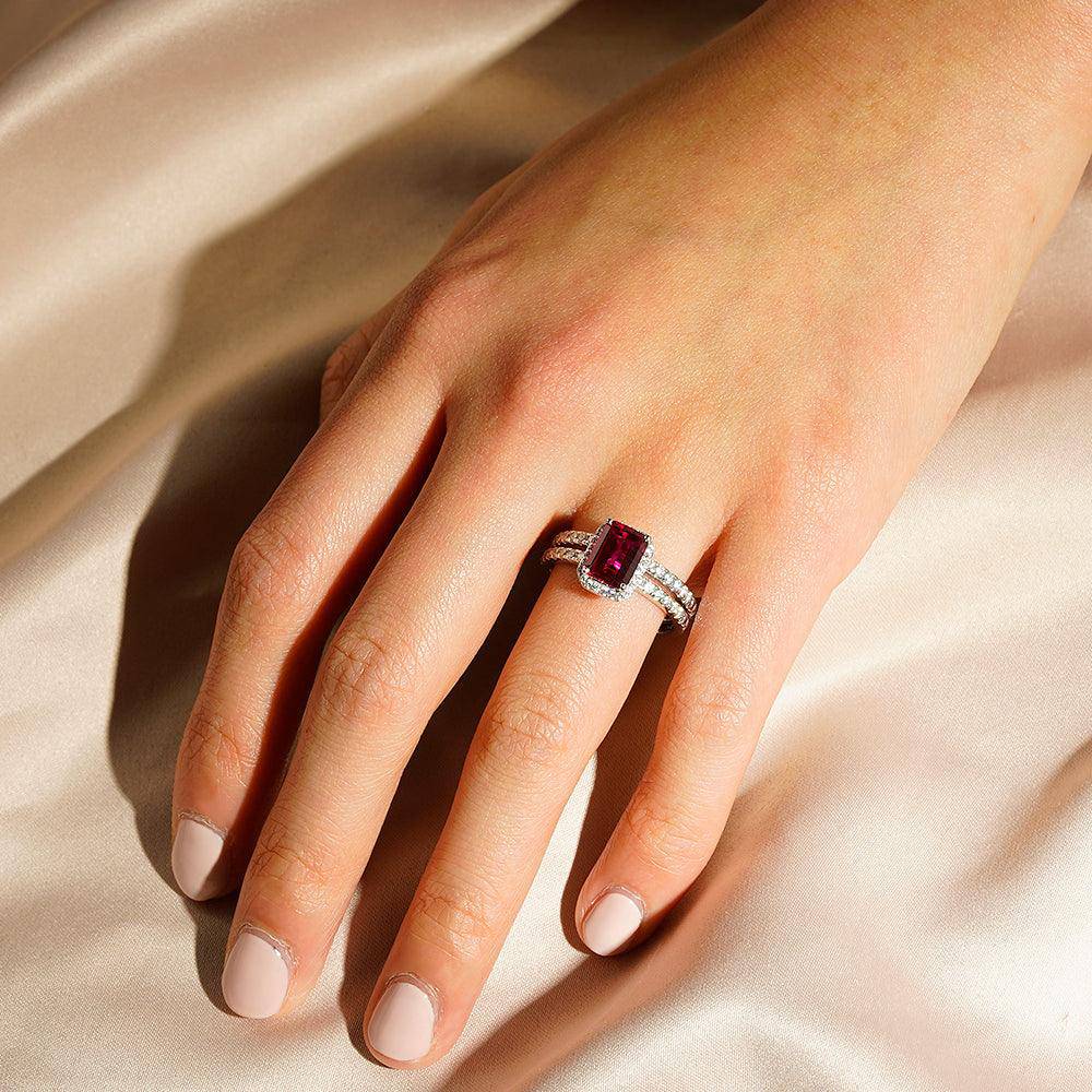 2 CT. Emerald Cut Lab Grown Ruby Engagement Ring & Wedding Band Set for Women - Perfect for Proposals, Anniversaries & Bridal Jewelry Gifts