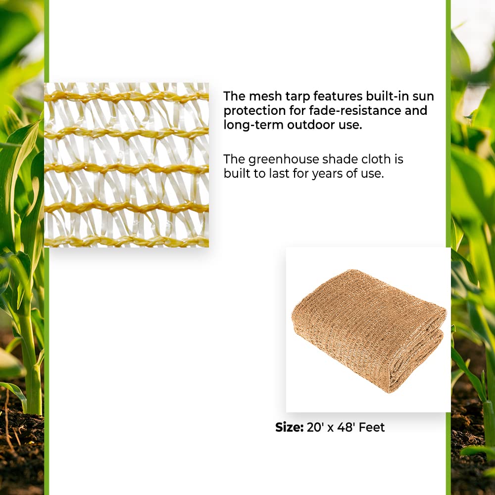 Grow1 Greenhouse 50% Shade Cloth Net - 20' x 48' Beige Garden Cover for Plant Protection, Chicken Coops & Tomato Plants | UV Resistant Outdoor Shade Tarp for Greenhouses, Patios & Backyard Gardens