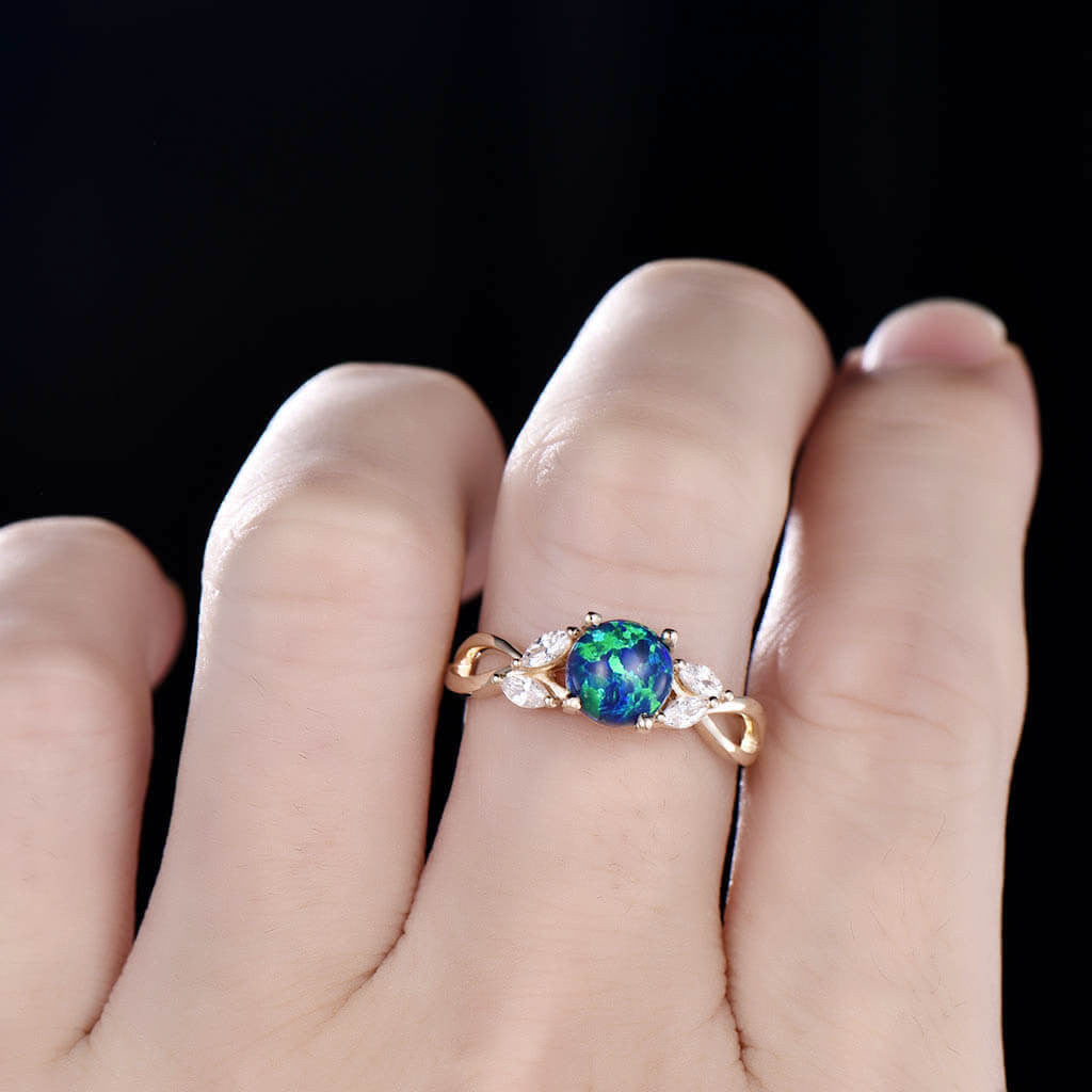 14K/18K Rose Gold Black Blue Opal Moissanite Engagement Ring - Art Deco Style for Wedding, Proposal & Anniversary Gifts