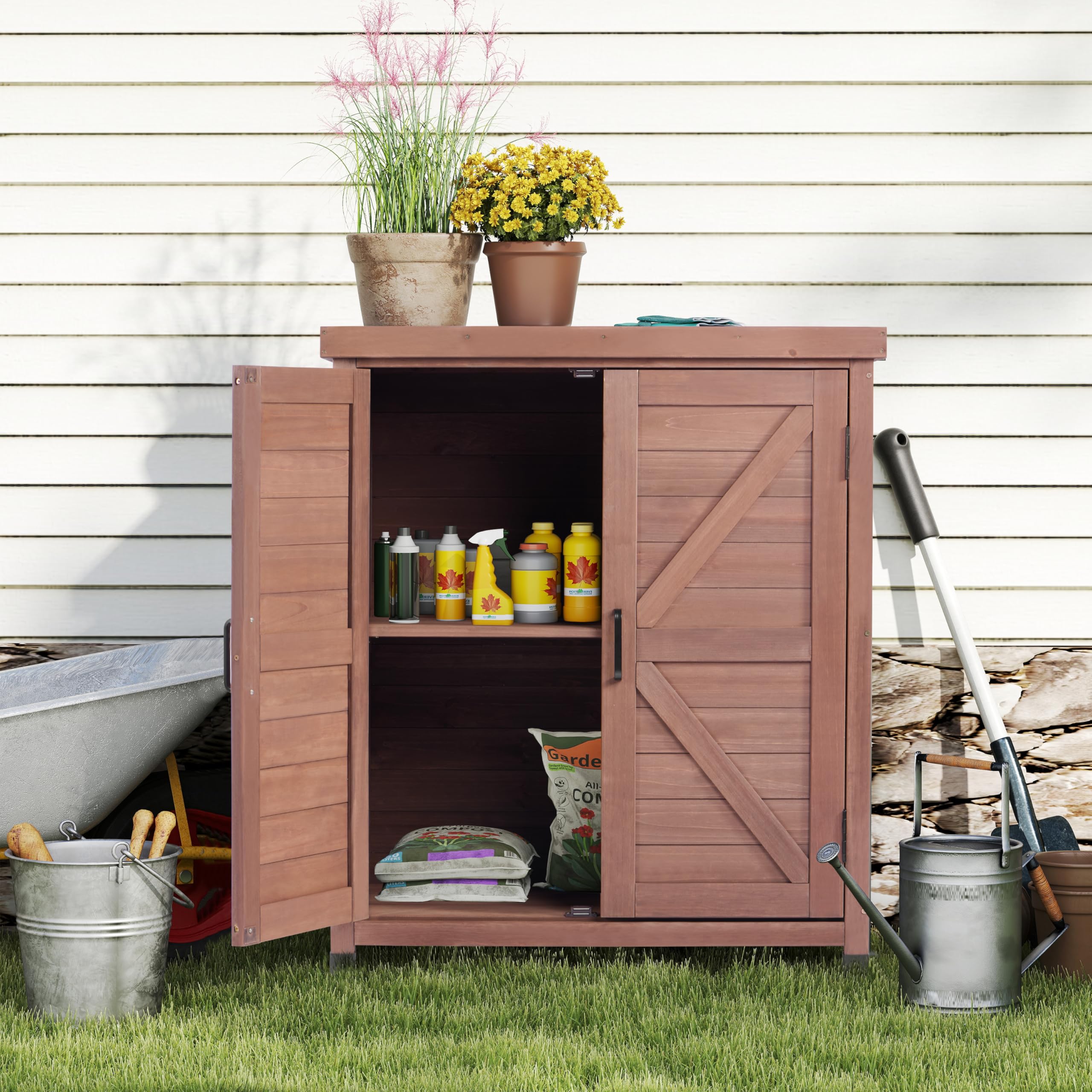 Farmhouse Brown Potting Bench with Storage Cabinet & Metal Table Top - 31x17x36 Inch Outdoor Garden Workstation for Planting, Potting & Gardening - Perfect for Patio, Backyard & Greenhouse Use