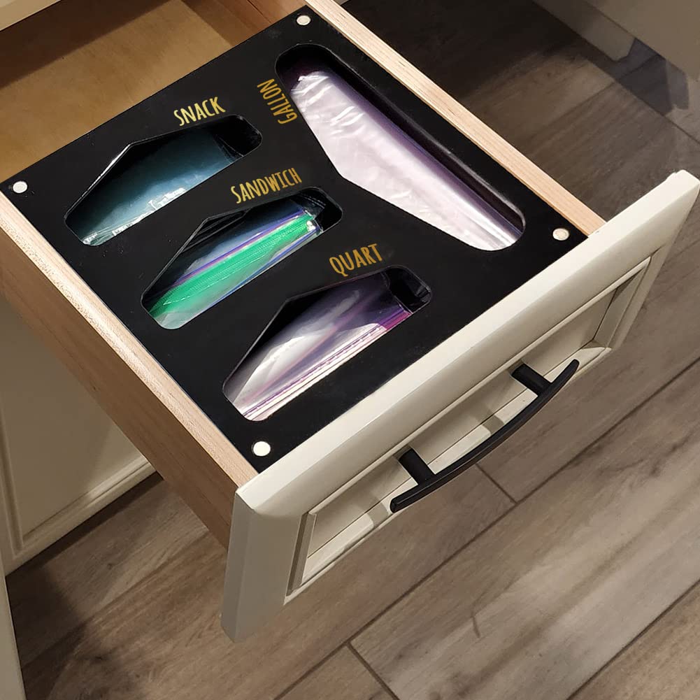 Premium Acrylic Kitchen Drawer Organizer for Food Storage Bags - Black | Space-Saving Solution for Plastic Bags, Ziploc Pouches & Snack Bags | Perfect for Pantry, Fridge & Cabinet Organization