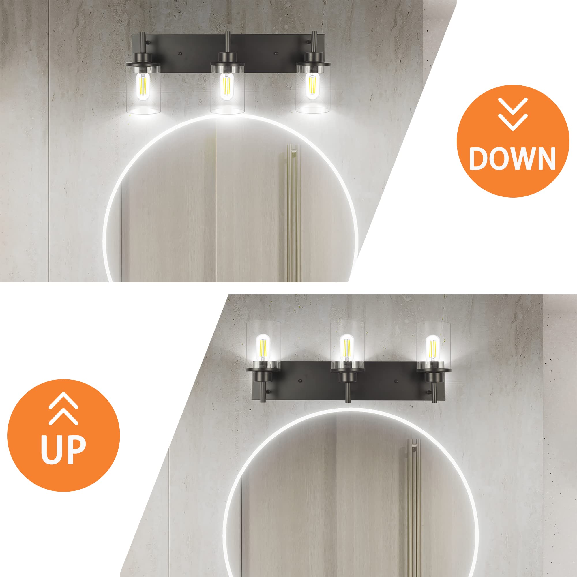 3-Light Vanity Light Fixtures - Matte Black Modern Bathroom Sconce with Clear Glass Shade for Mirror Lighting | Perfect for Bathroom, Powder Room & Dressing Room Makeup Area