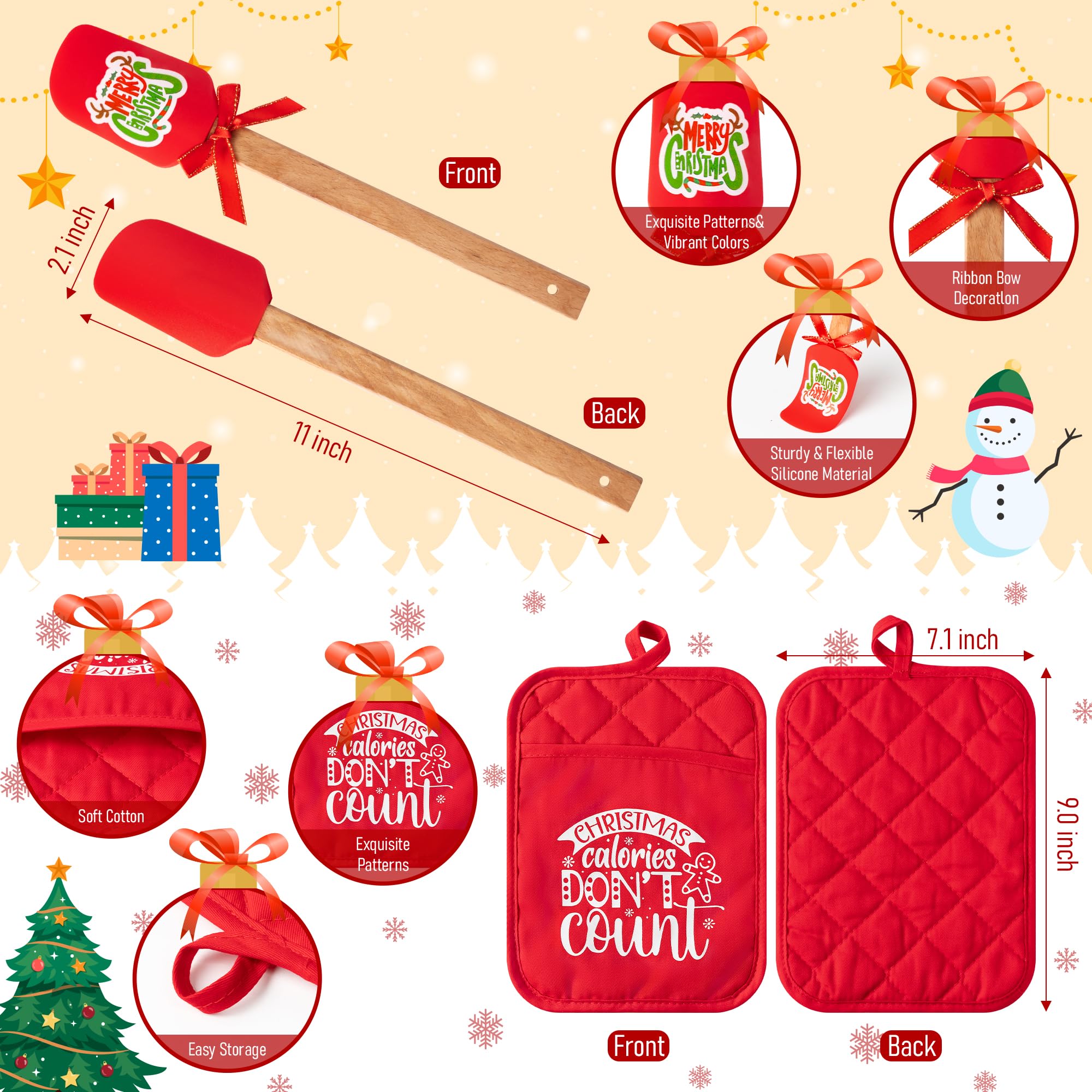R HORSE 3-Piece Christmas Pot Holder Set with Silicone Spatula & Greeting Card - Funny Heat Resistant Oven Mitts & Hot Pads for Baking, Cooking - Perfect Xmas Kitchen Gift for Family, Friends, Colleagues (Red) - Ideal for Holiday Baking, Cookie Making & Christmas Party Gifts