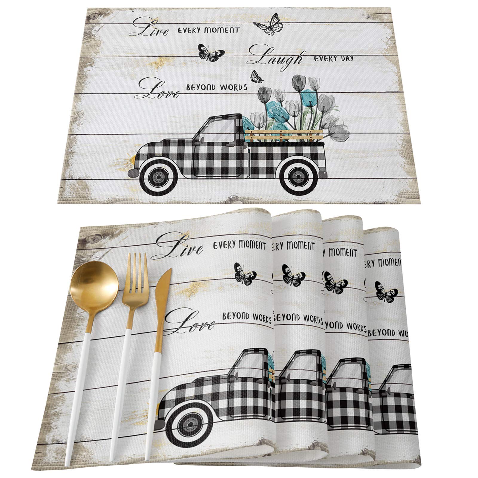 4-Pack Heat-Resistant Washable Non-Slip Placemats for Dining Table - Farmhouse Tulip & Butterfly Design on Wooden Truck Pattern - Perfect for Kitchen, Restaurant, and Outdoor Picnic Use