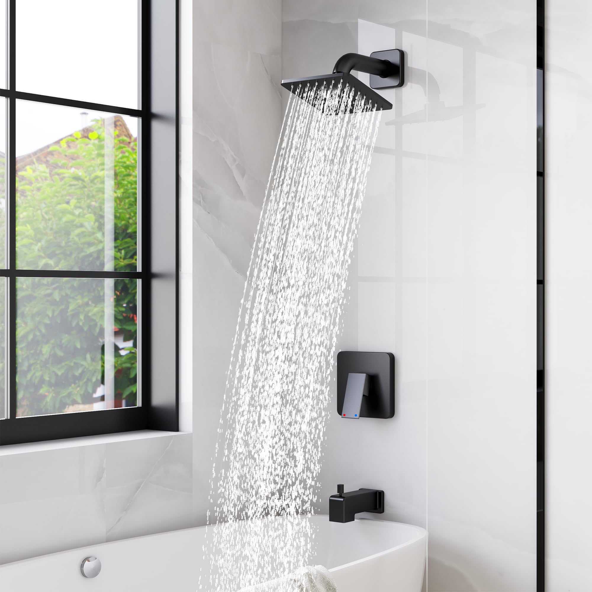 Premium Matte Black Shower Faucet Set - 6-Inch Rainfall Shower Head, Single Handle Tub Spout & All-Metal Trim Kit (Includes Shower Valve) - Perfect for Bathroom Renovation & Luxury Spa Experience