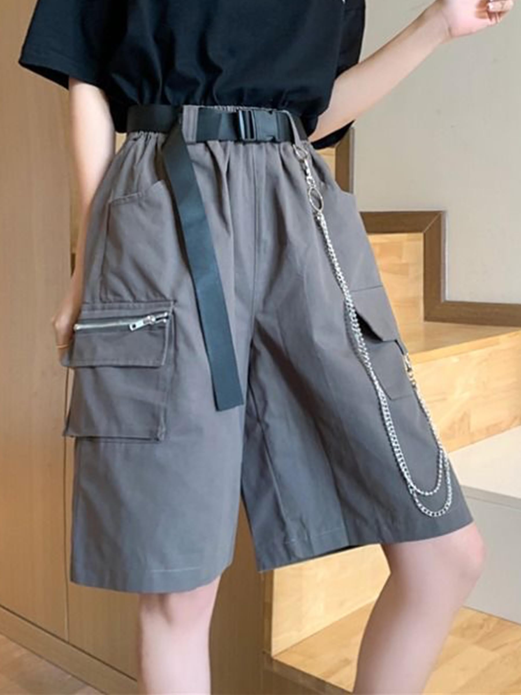 Kisswow Women's Casual Cargo Shorts with Chain - High Waist Summer Shorts for Women | Outdoor Hiking, Beach Vacation, Streetwear Fashion Outfits