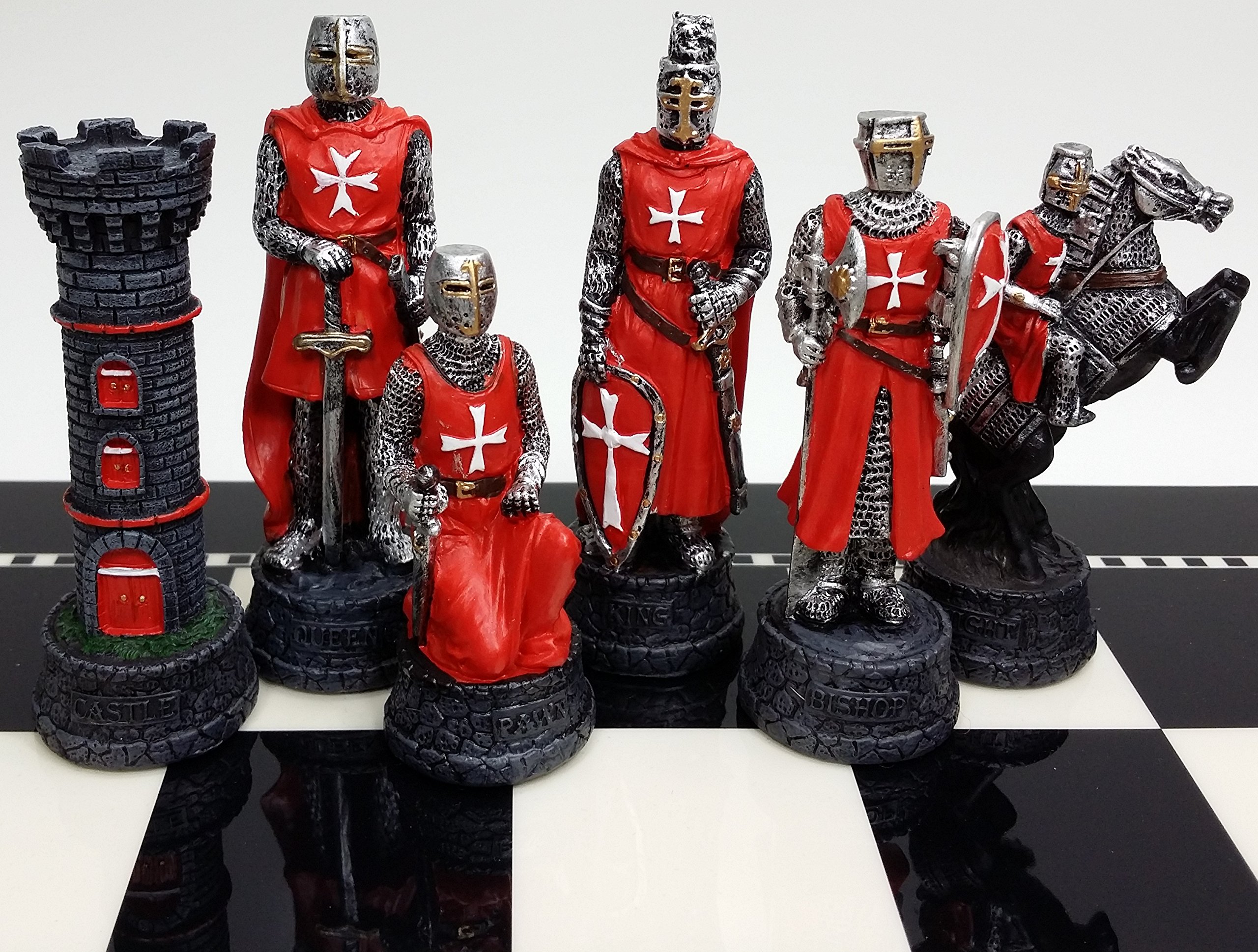 Hand-Painted Medieval Crusades Themed Chess Set - Red & Blue Pieces with Glossy Black & White Board | Perfect for History Enthusiasts & Strategy Game Lovers