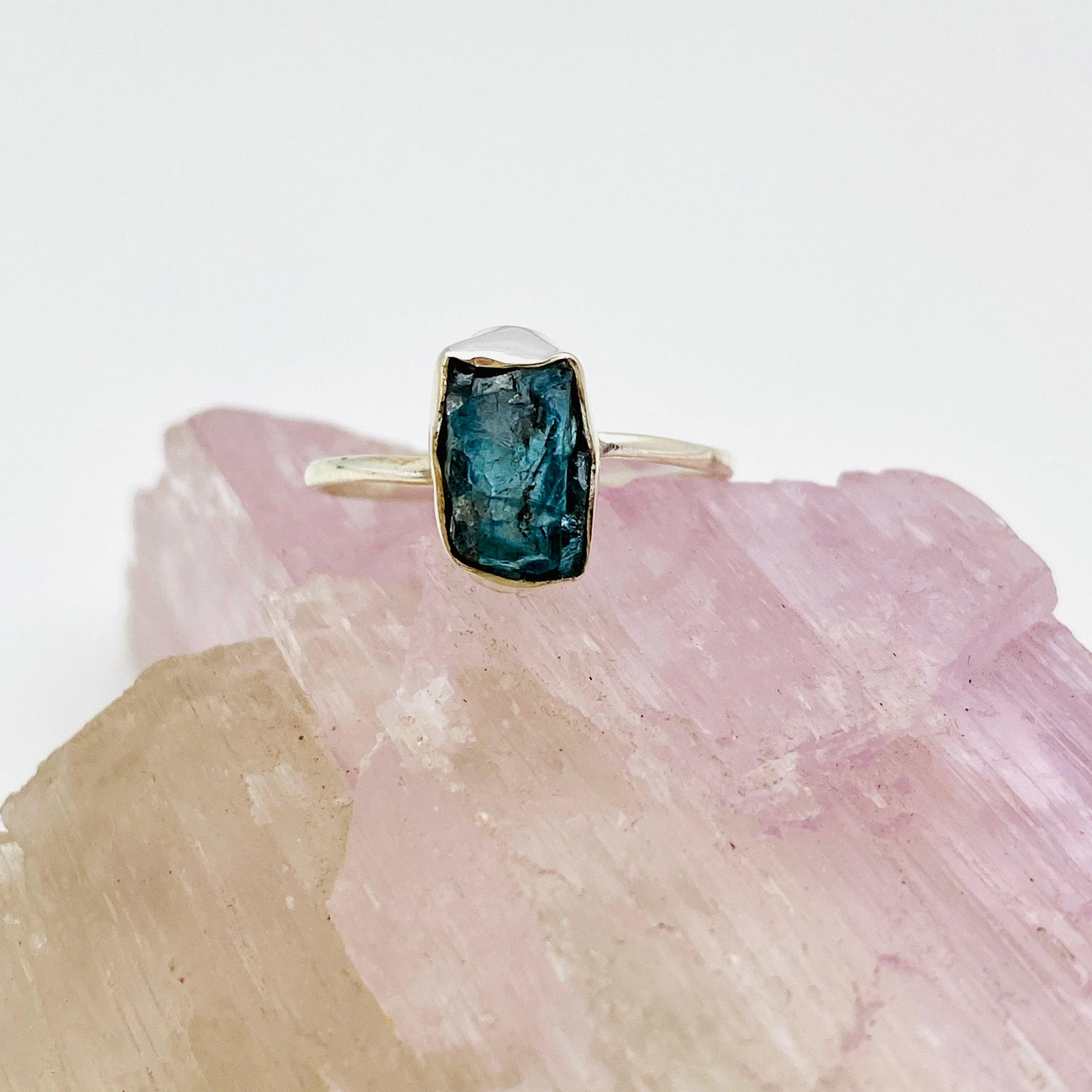 Natural Blue Apatite Raw Crystal Ring - Handmade Fine Jewelry for Women - Healing Stone Band R3701 BAP - Perfect for Meditation, Energy Work & Spiritual Gifts