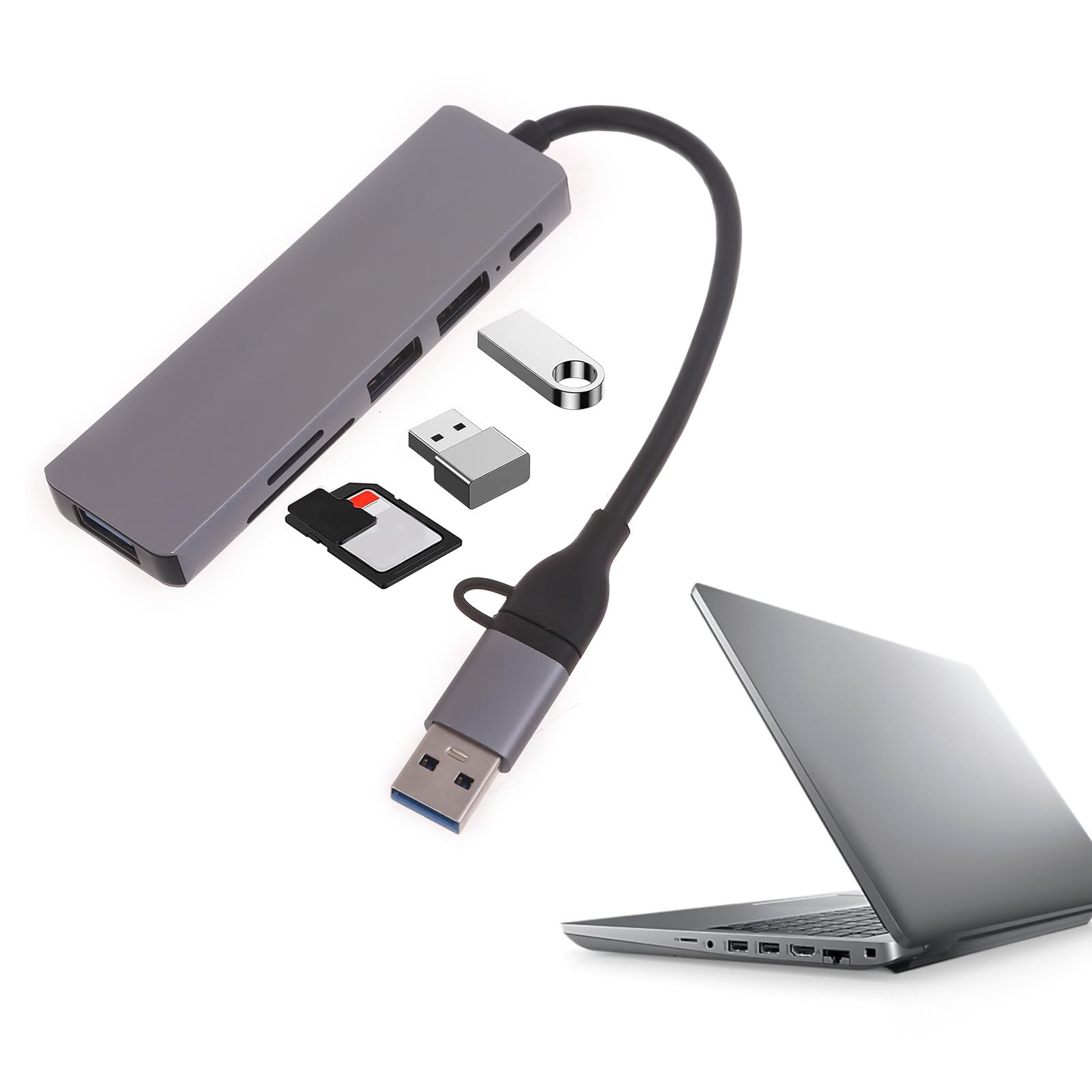 6-in-1 USB C Hub Adapter with Card Reader - Multi-Port USB C Docking Station for Laptop, USB-C to USB 3.0 Converter - Perfect for MacBook Pro/Air, iPad Pro, Chromebook & More (Home Office & Travel Use)