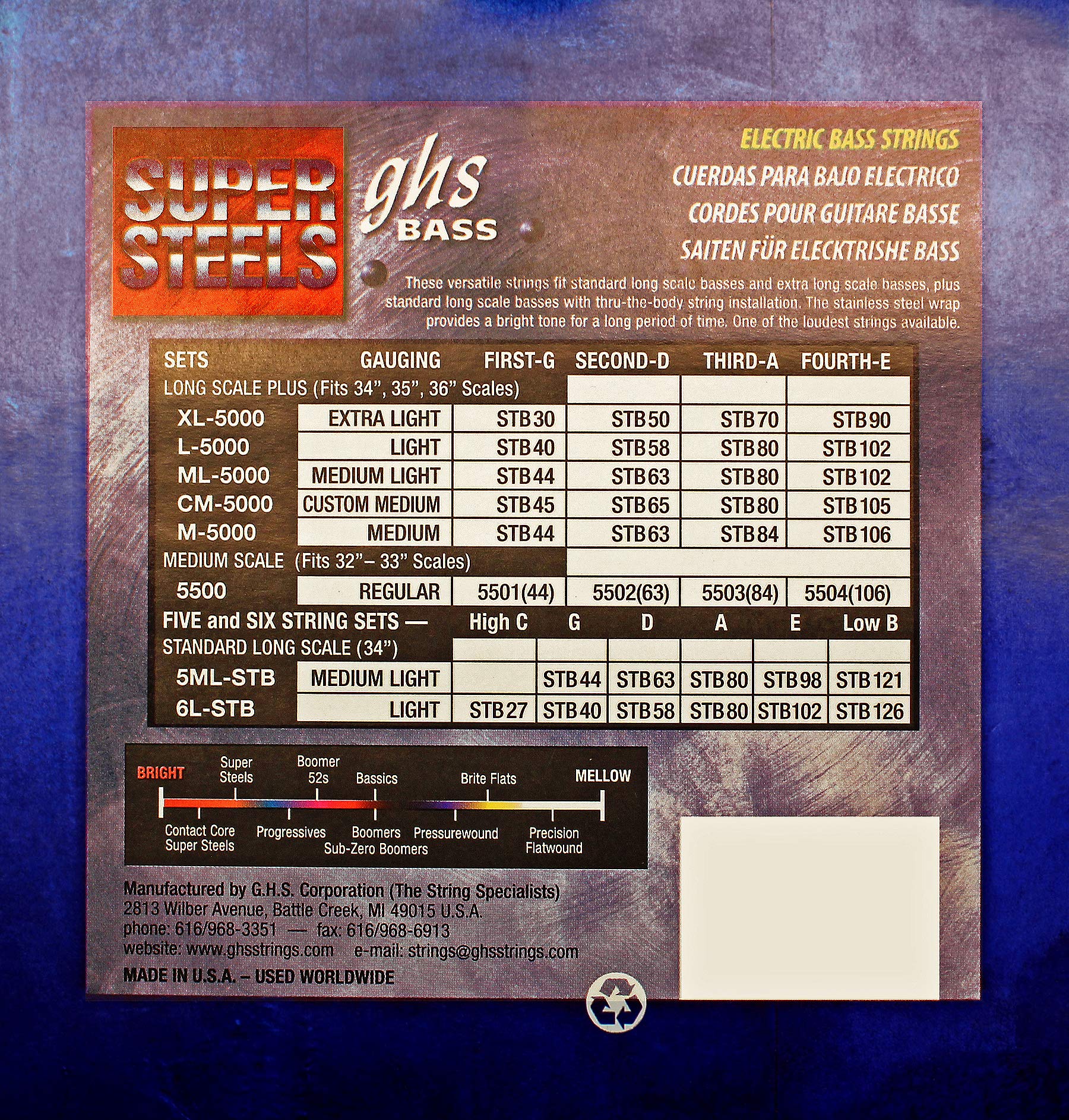 GHS Strings ML5000 Super Steels Stainless Steel Bass Guitar Strings - Medium Gauge (44-102) for Rock, Jazz & Studio Recording