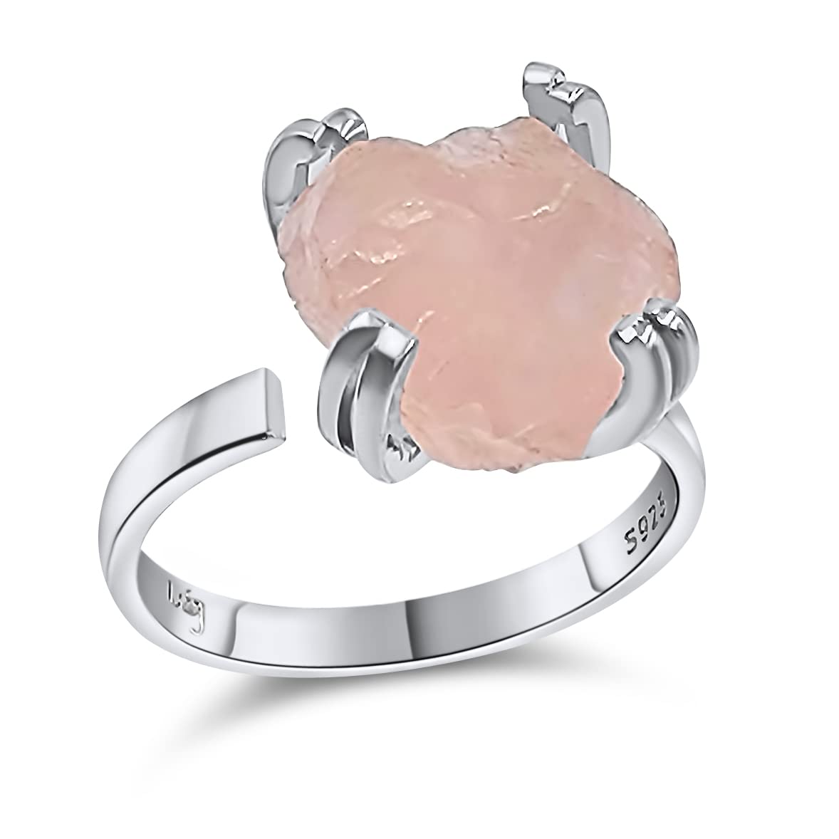 Natural Raw Rose Quartz Adjustable Ring - 925 Sterling Silver with White Gold Plating, Healing Crystal Jewelry for Women - Perfect Birthday, Anniversary & Valentine's Day Gift for Her - Elegant Boho Style Jewelry for Meditation, Energy Healing & Spiritual Wellness