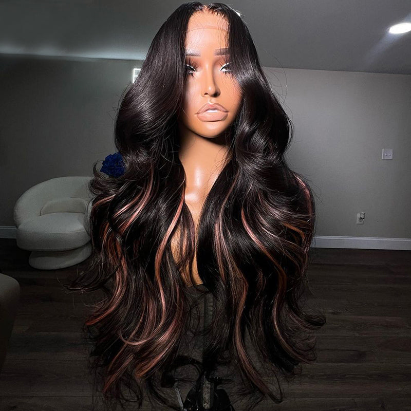 Eullair Body Wave Human Hair Wig with Pink Highlights - Glueless Lace Frontal Wig for Women - Perfect for Daily Wear, Parties & Cosplay