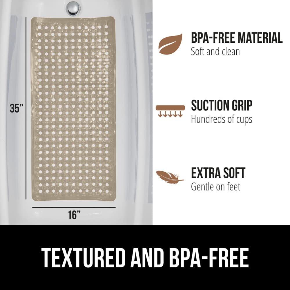 GORILLA GRIP Non-Slip Bathtub Shower Mat with Suction Cups - Machine Washable Bath Mat with Drain Holes - Soft Anti-Slip Tub Floor Liner for Bathroom Safety (35x16 Inch, Beige) - Perfect for Kids, Elderly & Wet Bathroom Floors