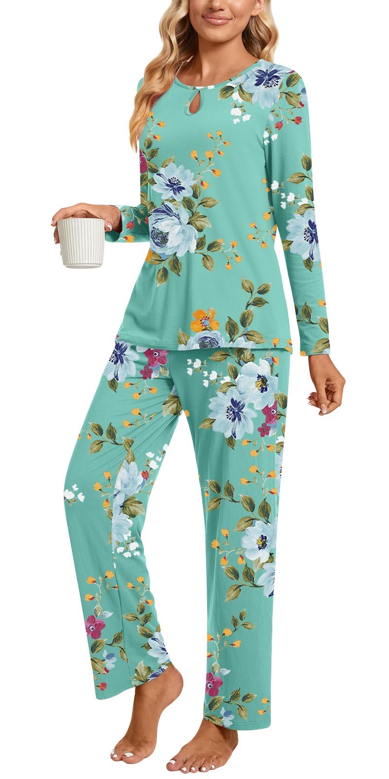 Aodemo Women's 2 Piece Pajama Set - Long Sleeve Keyhole Sleepwear with Pockets - Soft Lounge Pjs for Fall & Winter - Perfect for Sleeping, Lounging & Travel