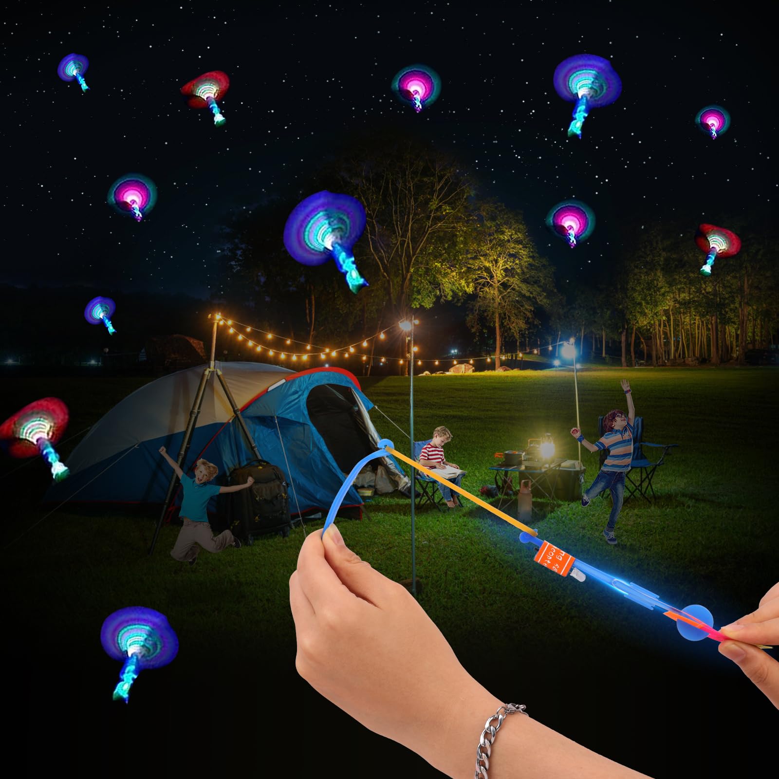 60Pcs LED Slingshot Flying Toys Set (30 Slingshots + 30 Helicopters) - Glow in The Dark Outdoor Games for Kids Ages 4-12 - Birthday Party Favors, Backyard Fun, Summer Camp Activities