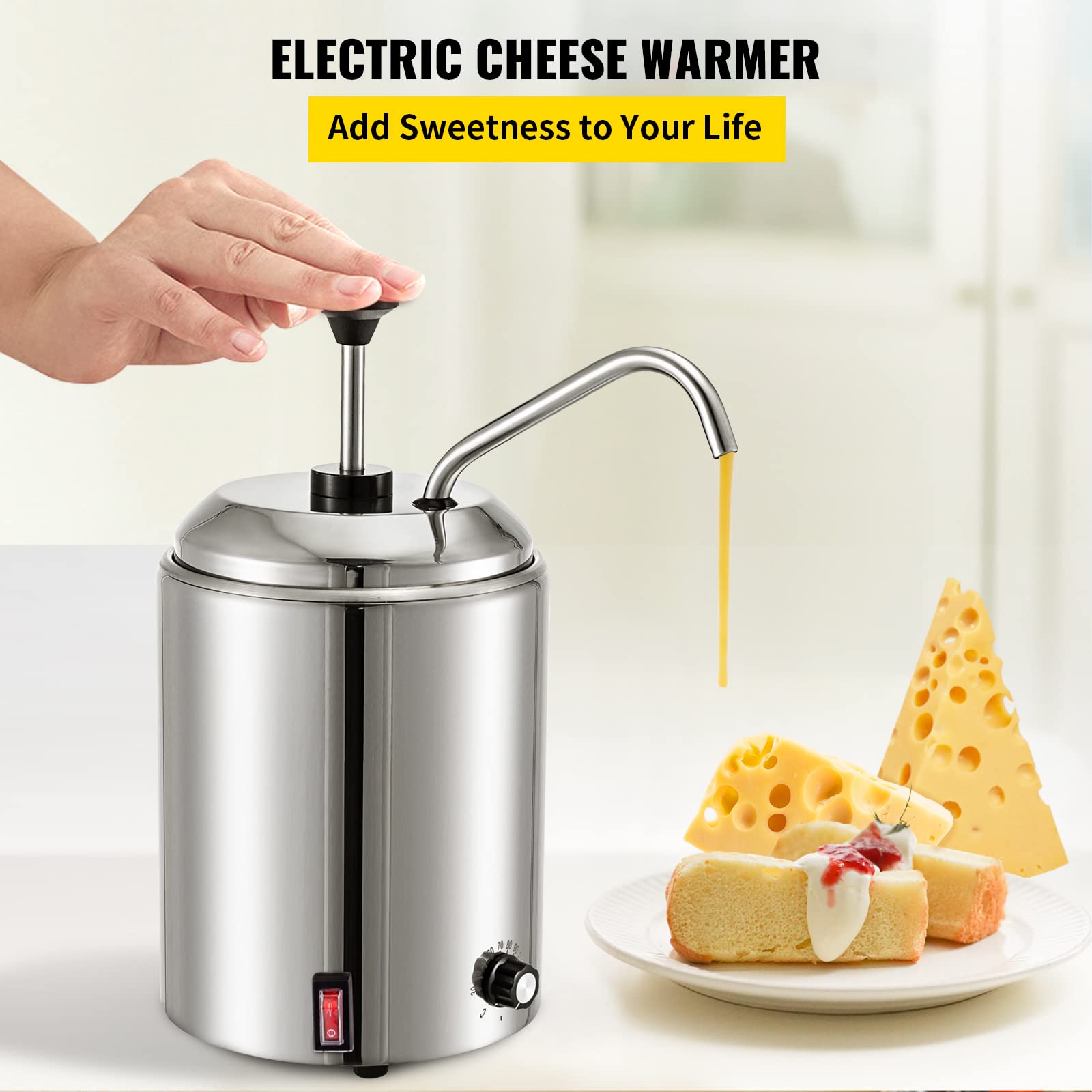 VEVOR 2.64 Qt Stainless Steel Cheese Dispenser with Pump - 650W Hot Fudge Warmer 110V, 30-110℃ Adjustable Temperature for Cheese, Caramel, Chocolate - Perfect for Restaurants, Cafes & Dessert Shops
