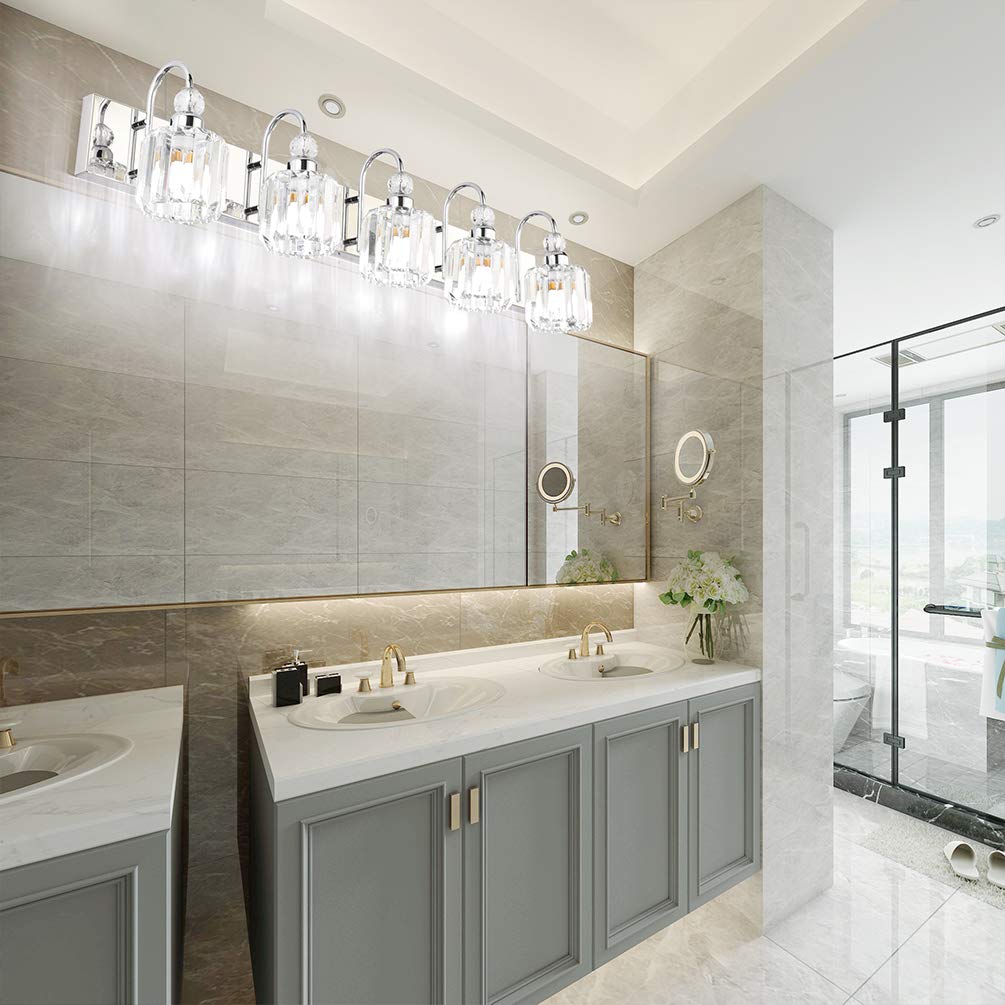 Modern LED Crystal Bathroom Vanity Lights - 5-Lights Stainless Steel for Mirror Lighting