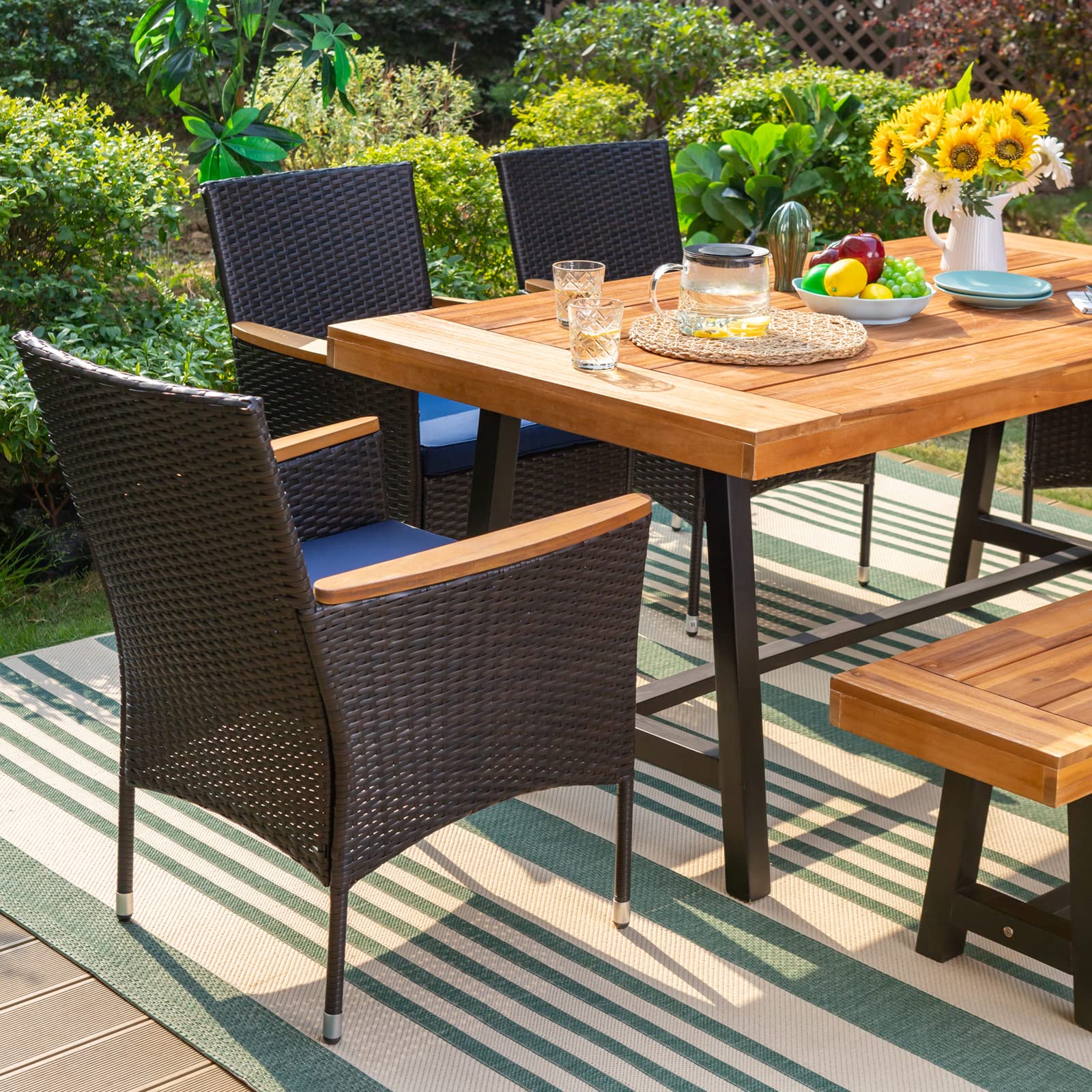 Sophia & William 6-Piece Outdoor Dining Set - Acacia Wood Table with 4 PE Rattan Chairs & Backless Bench - Includes Cushions - Perfect for Patio, Backyard, Poolside & Garden Gatherings