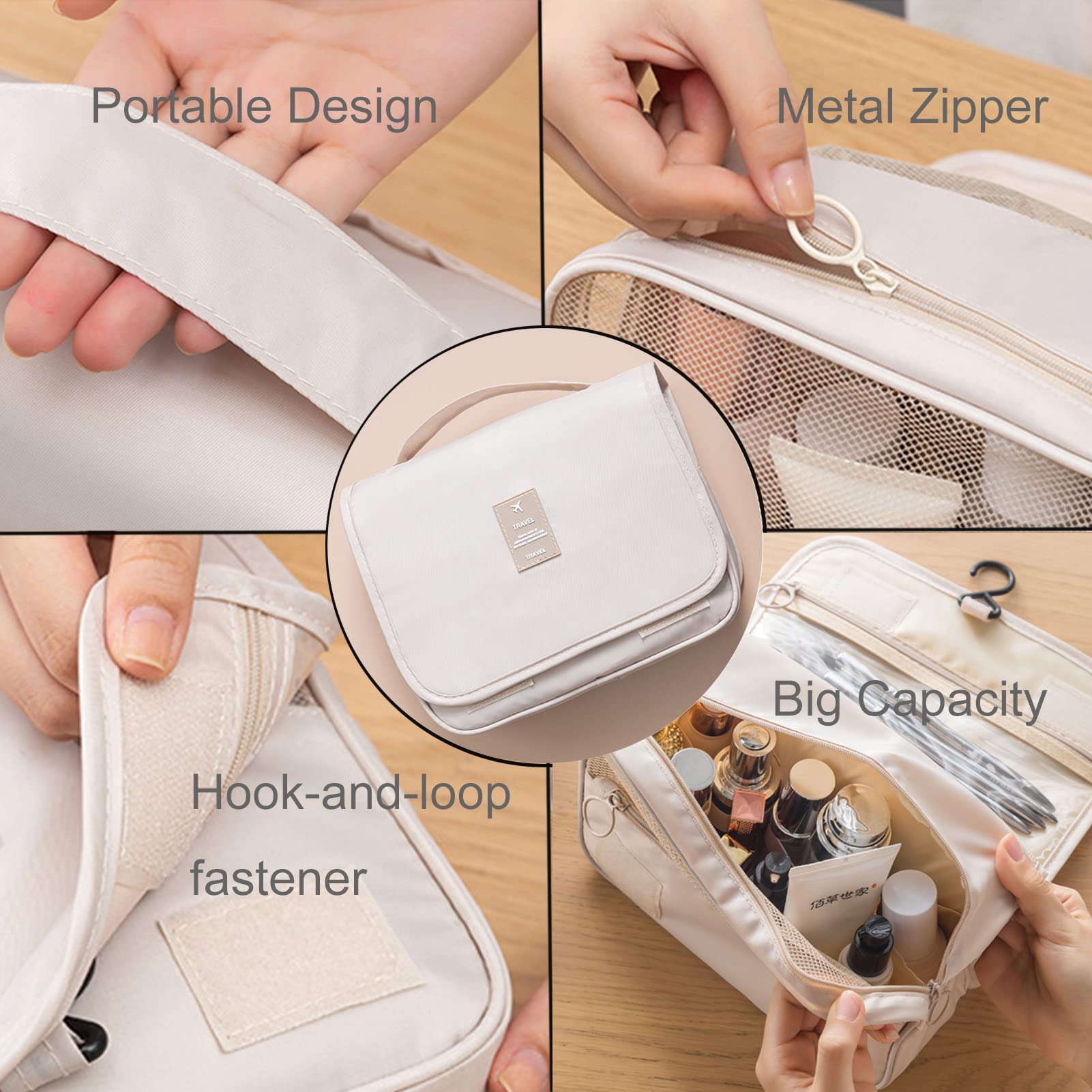 Hanging Toiletry Bag for Women - Travel Size Cosmetic Organizer with Hook - Waterproof Makeup Bag for Bathroom Storage & Travel Accessories - Perfect for Camping, Gym, and Vacation Trips (Beige)