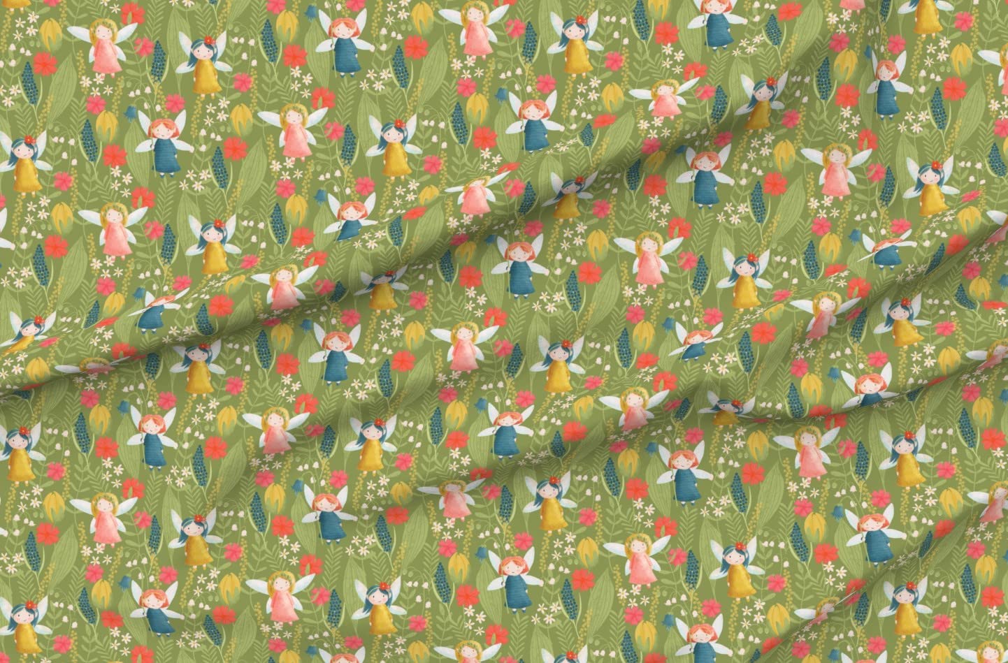 Spring Fairies Floral Printed Minky Fabric - Green Blue Flowers Leaves Red Nature Plants Design - Fat Quarter for Sewing Baby Blankets, Quilt Backing & Plush Projects - Soft DIY Craft Material for Nursery Decor & Gift Making