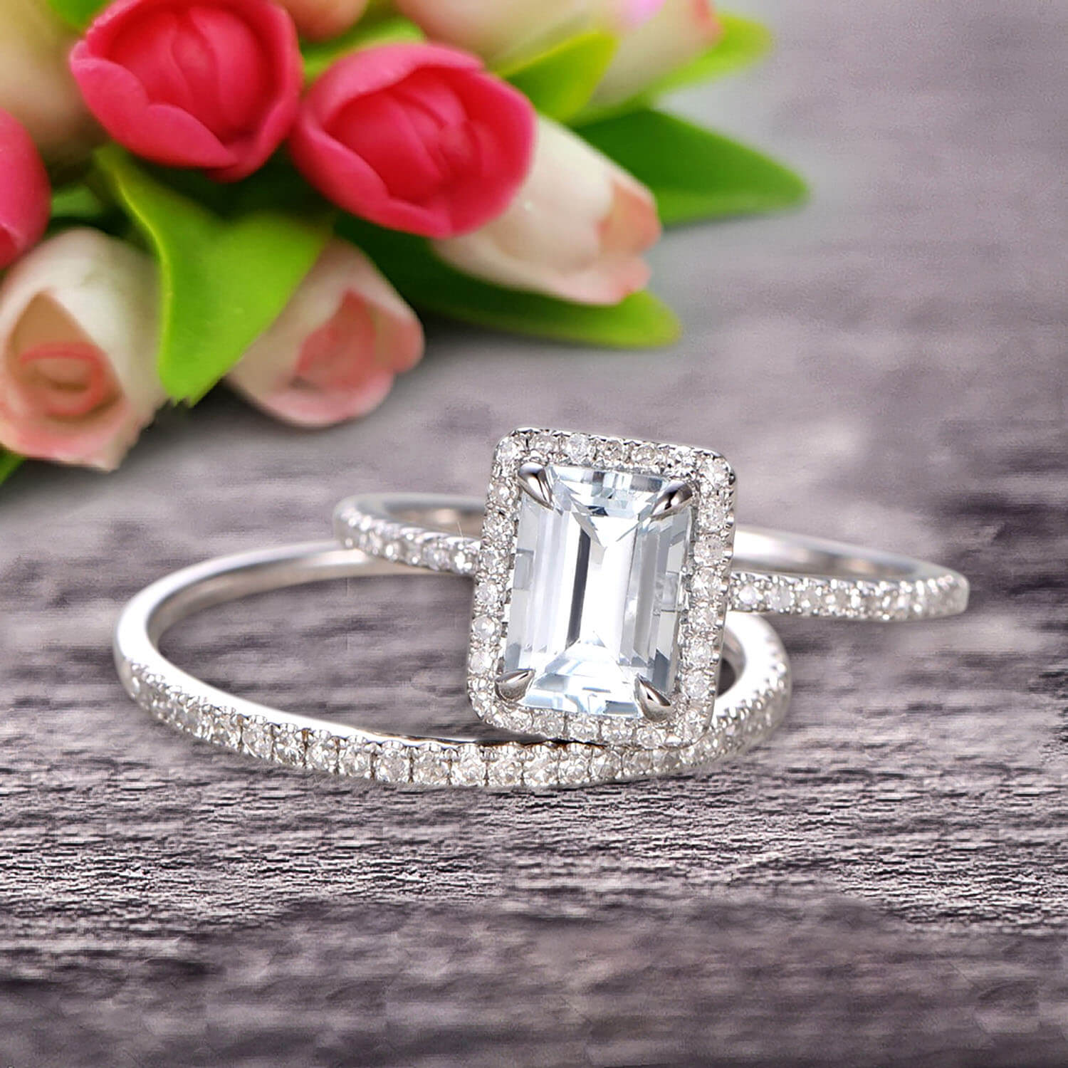 1.75 Carat Emerald Cut Aquamarine Engagement Ring & Wedding Band Set in 10K White Gold – Perfect for Bridal Jewelry, Anniversary Gifts & Special Occasions